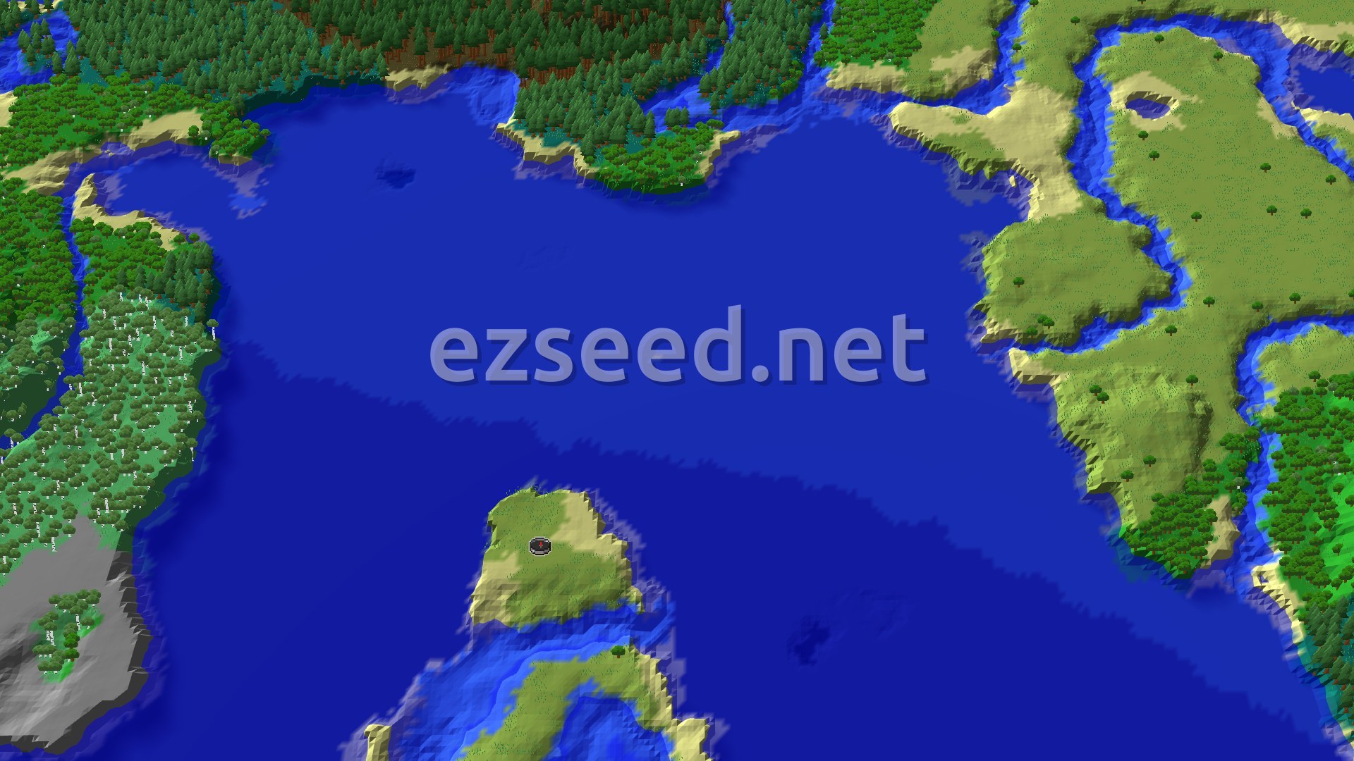 Aerial Minecraft seed map — An Ocean-Side Spawn with Buried Treasure Nearby