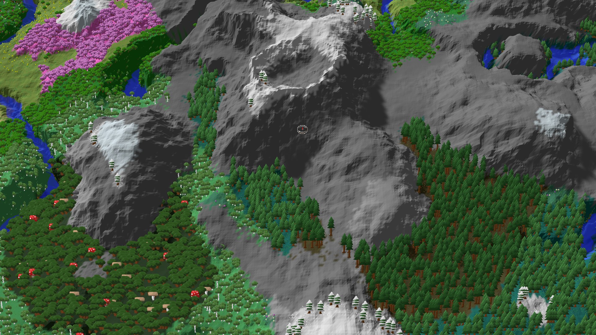 Aerial Minecraft seed map — Towering Peaks and a Village Close to Spawn