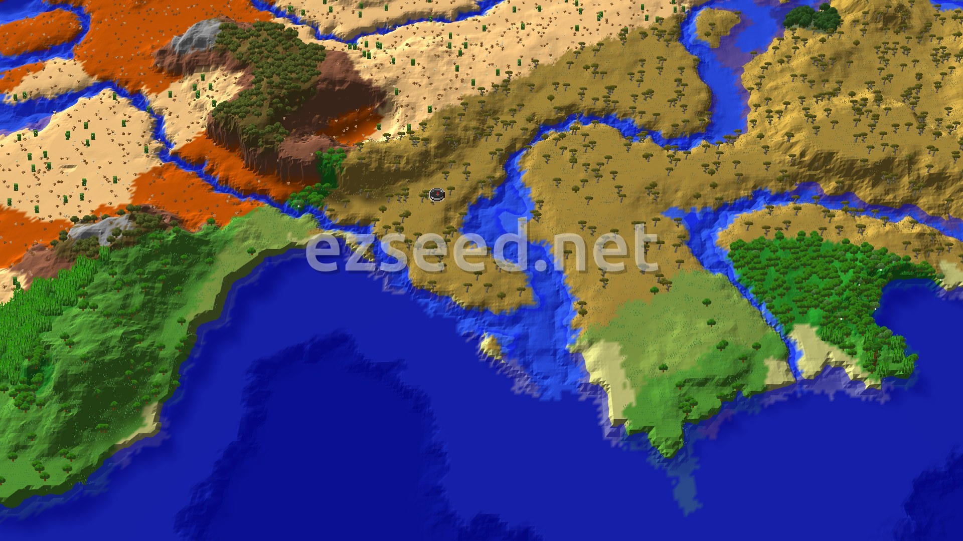 A bird's eye view of a diverse landscape featuring a river winding through savanna and desert, with a jungle biome and ocean visible in the distance.