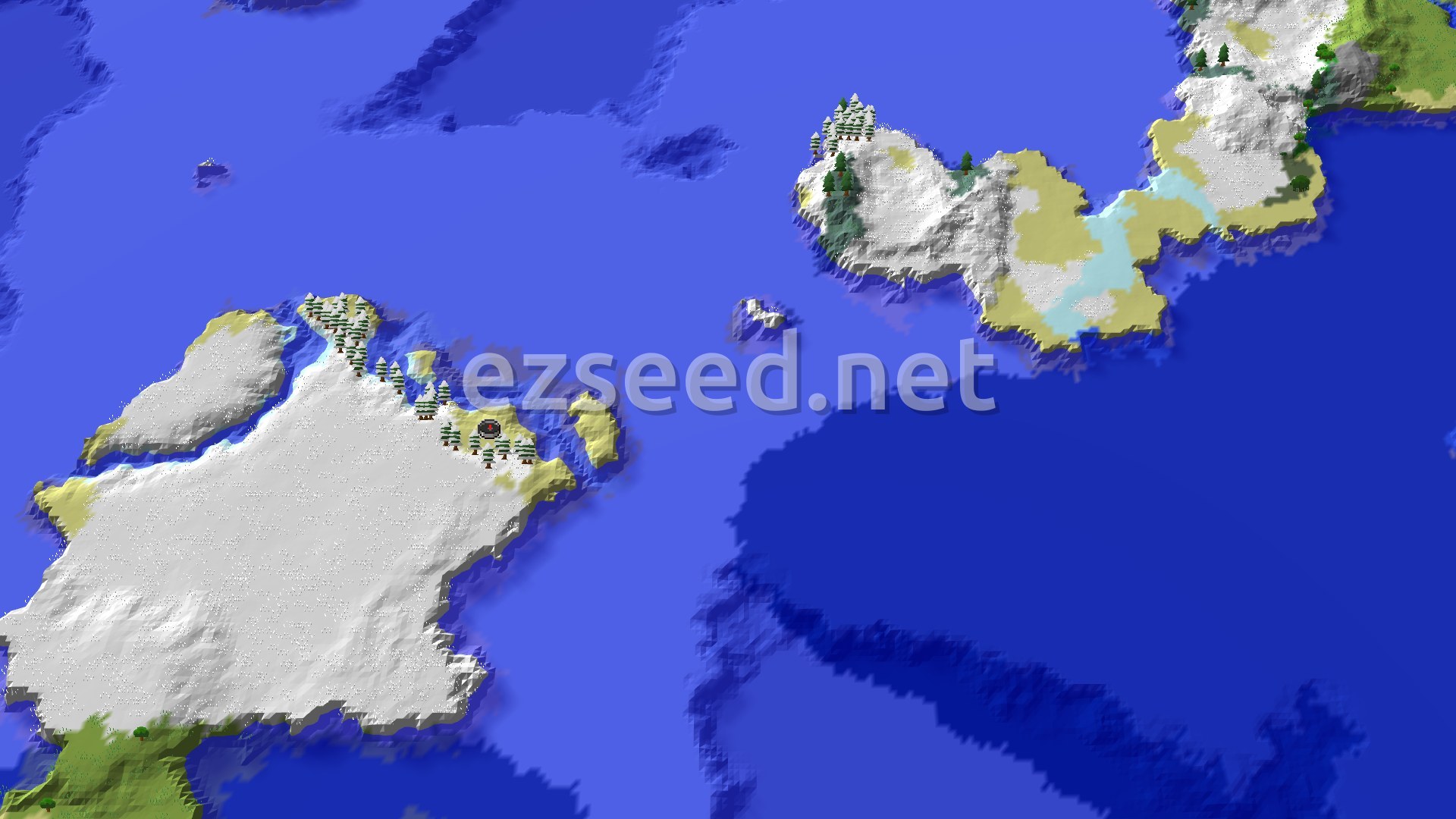 A 3D overhead view of a snow-covered landmass, with patches of green forest and sandy beaches along the coast. The land is mostly flat to gently rolling, surrounded by a vast blue ocean. A small marker indicates the spawn point on a snowy beach.