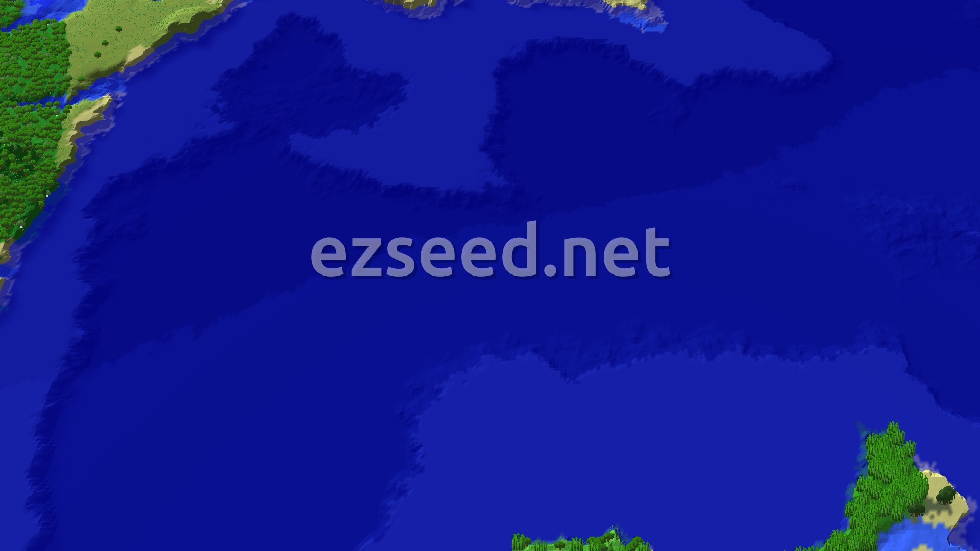 A 3D fly-over perspective of a vibrant green jungle biome, bordering a wide expanse of deep blue ocean. A small marker indicates the spawn point within the jungle.