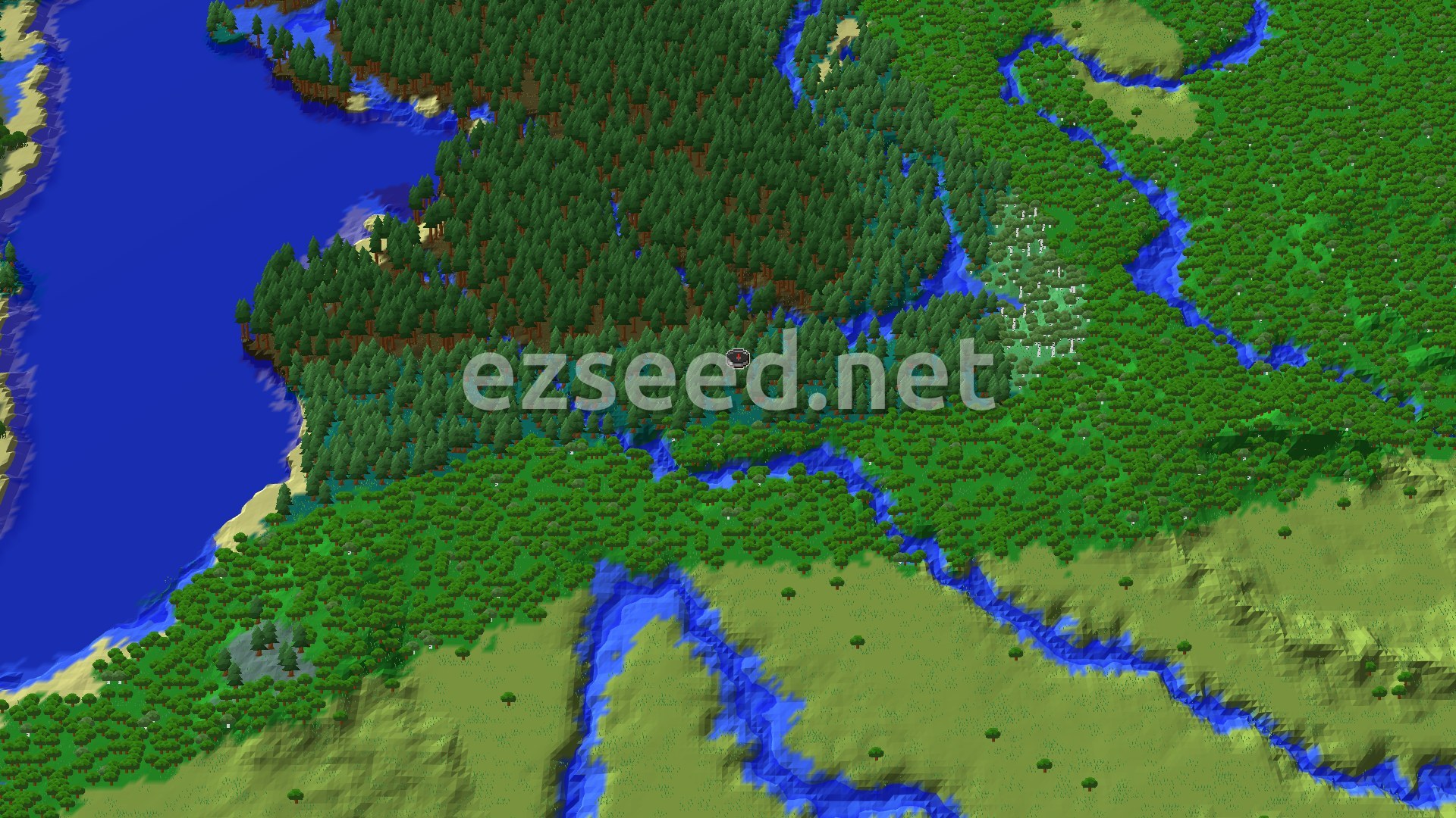 Aerial Minecraft seed map — Taiga Spawn with a Fast Village and Trial Chambers