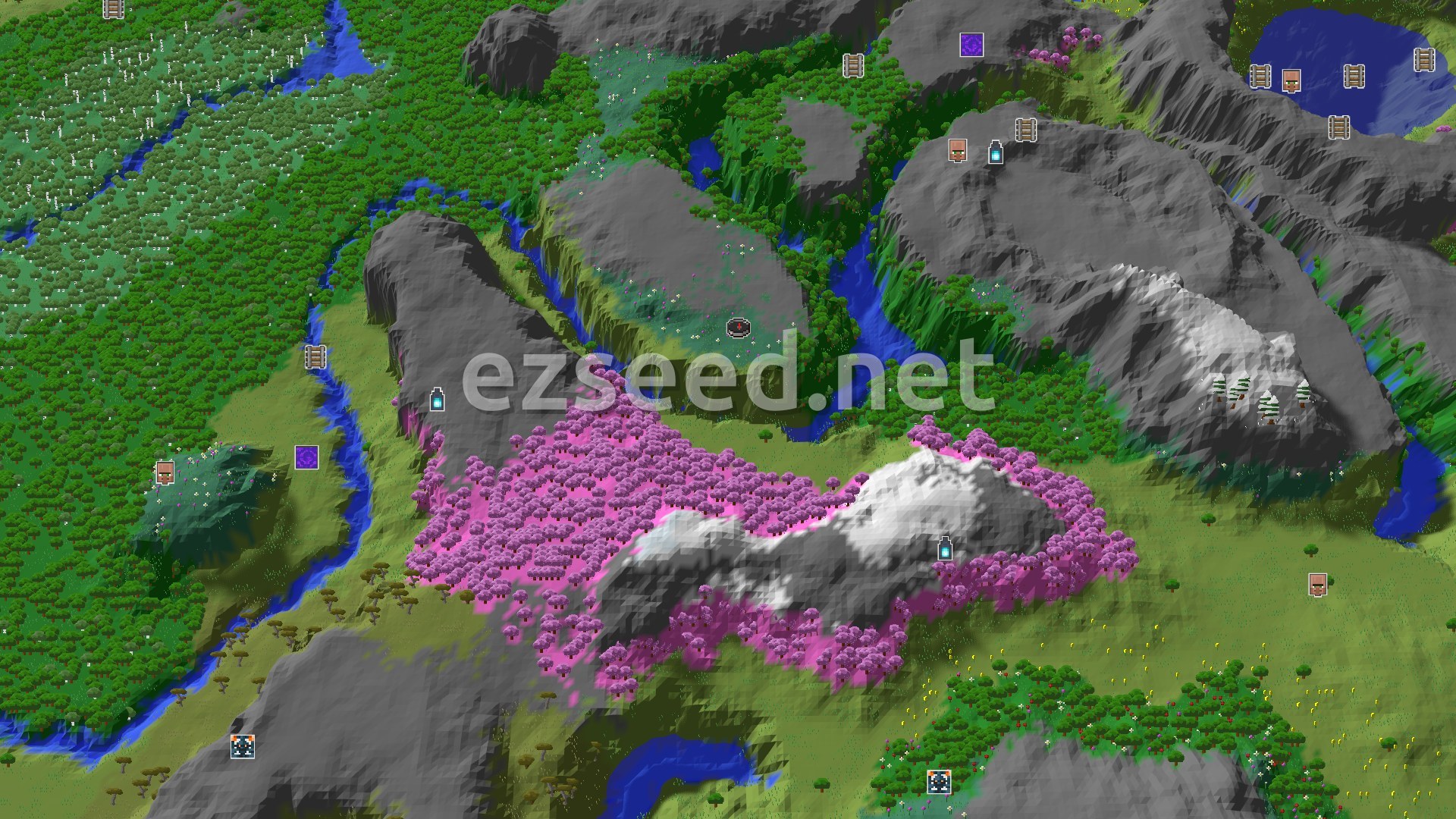 Aerial Minecraft seed map — Cherry Grove and Snowy Slopes Near Spawn