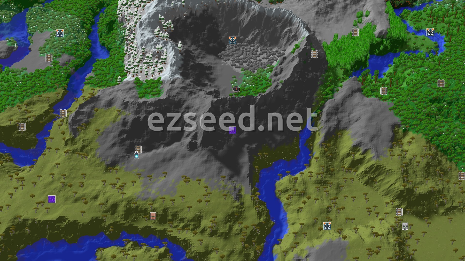 Aerial Minecraft seed map — Spawn in Stony Peaks, with Trial Chambers and Ancient City Nearby