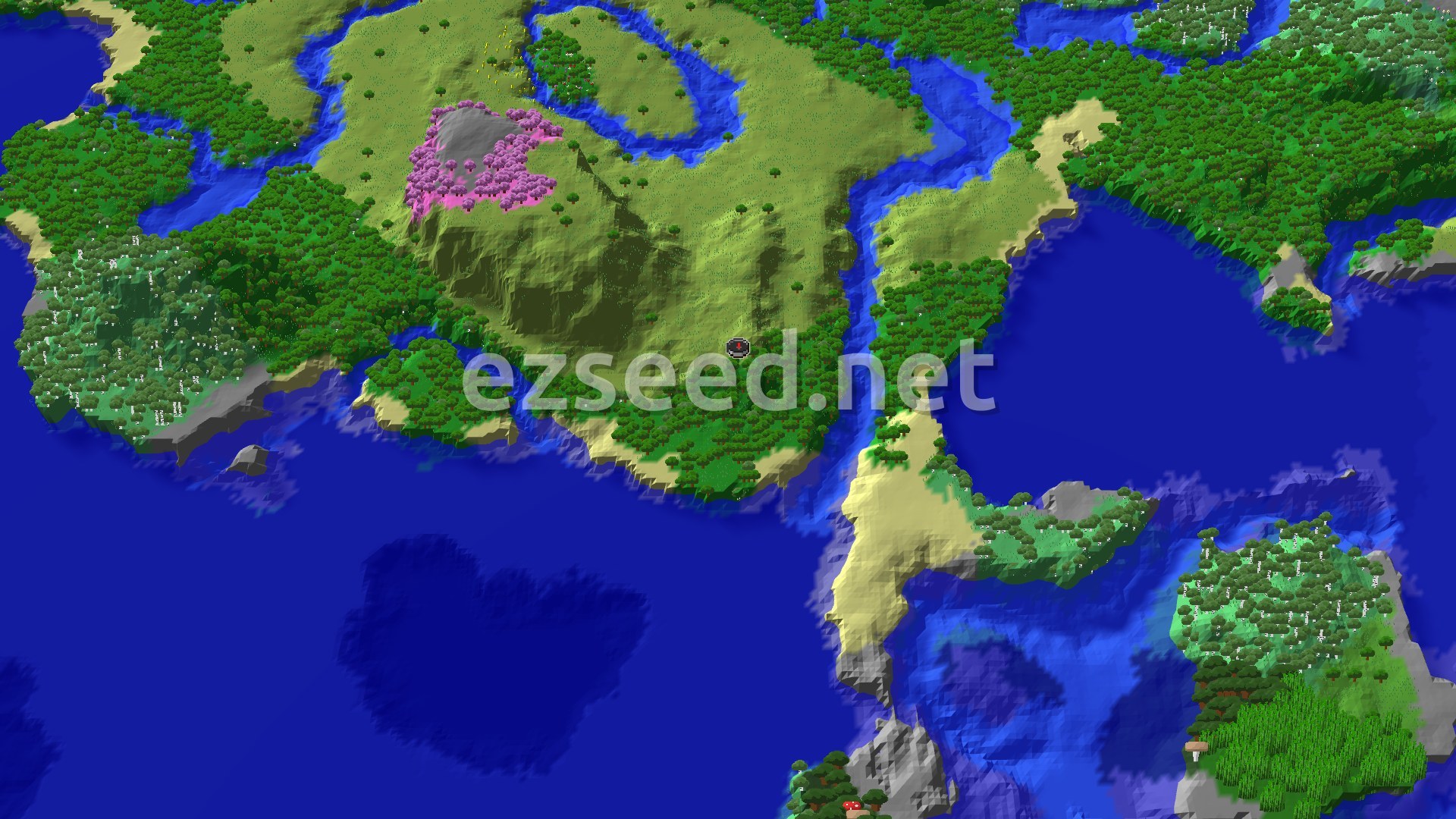 Aerial Minecraft seed map — Cherry Grove and Trial Chambers near Forest Spawn