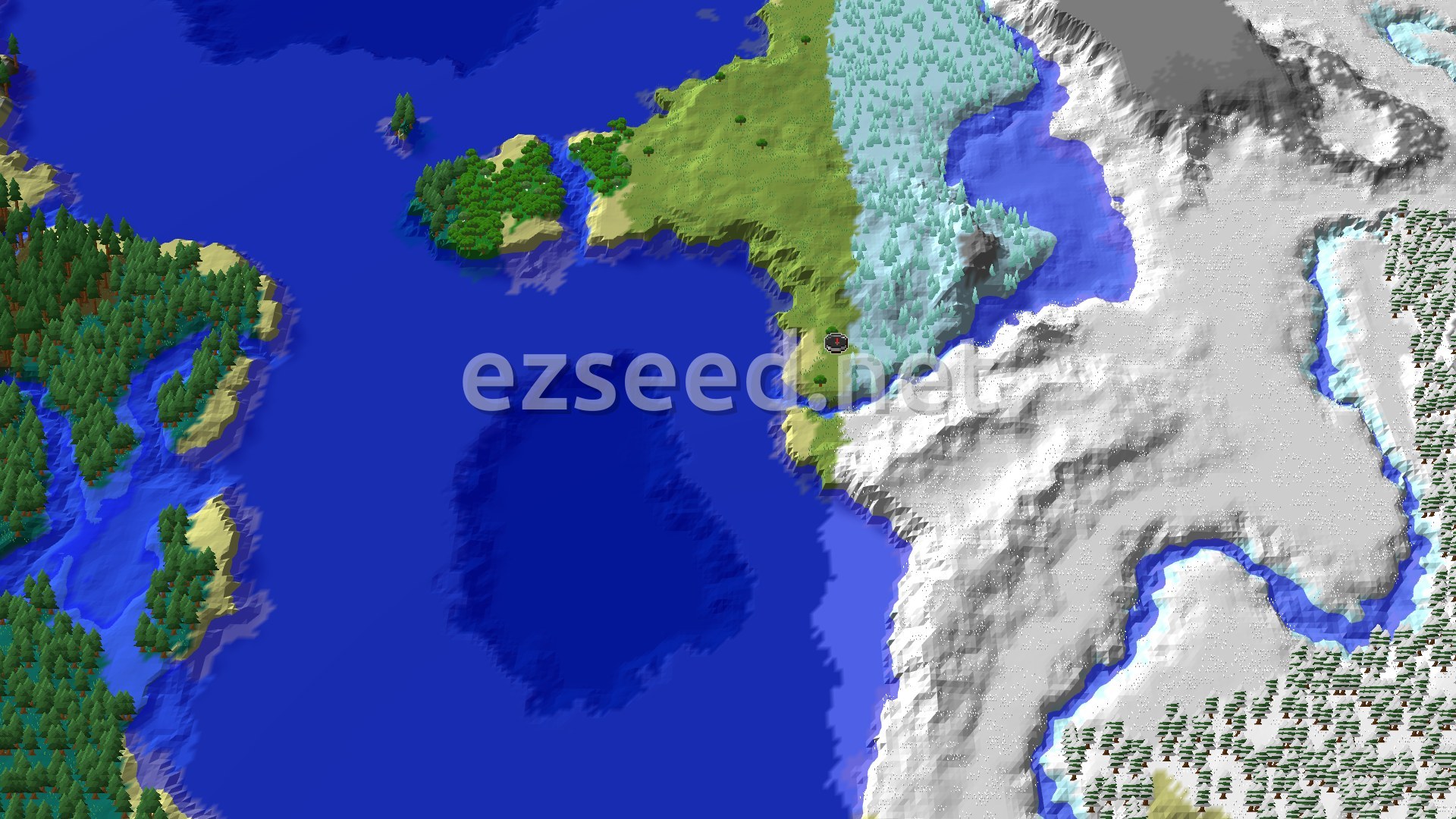 A bird's eye view of a large island with a spawn marker, featuring green plains, forests, and a significant snowy, icy region contrasting with the surrounding deep blue ocean.