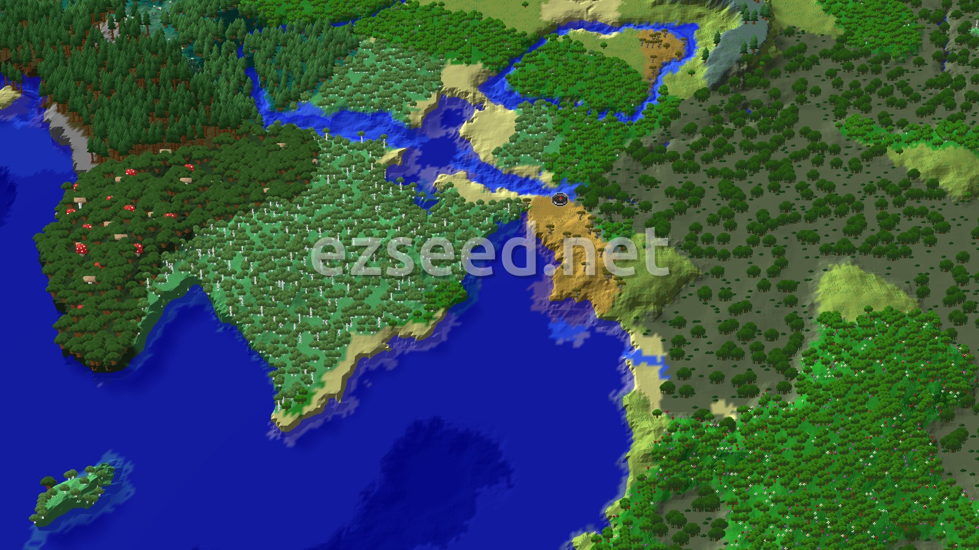 Aerial Minecraft seed map — Spawn Near a Buried Treasure and River Delta