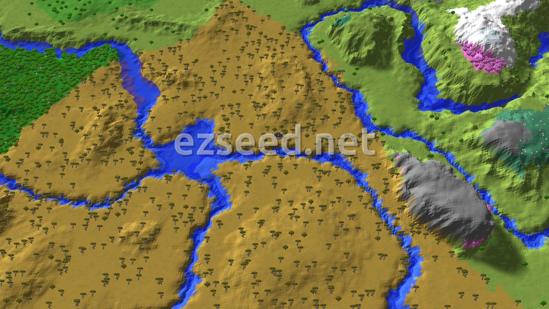 Aerial Minecraft seed map — Savanna Spawn with a Close Village and Cherry Grove