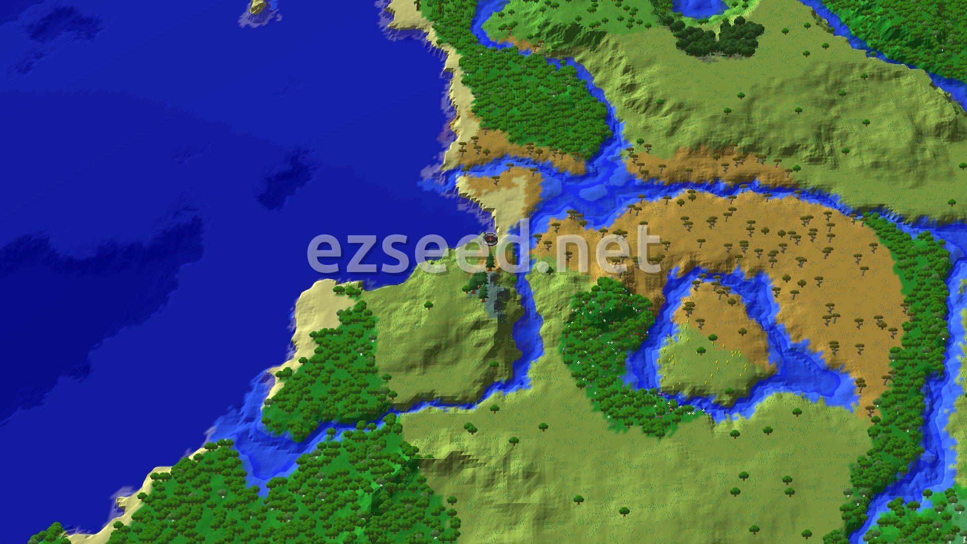 A 3D fly-over of a varied landscape, showing a large blue ocean, green plains, brown savannas with scattered trees, and winding blue rivers, with a small spawn marker in the center.