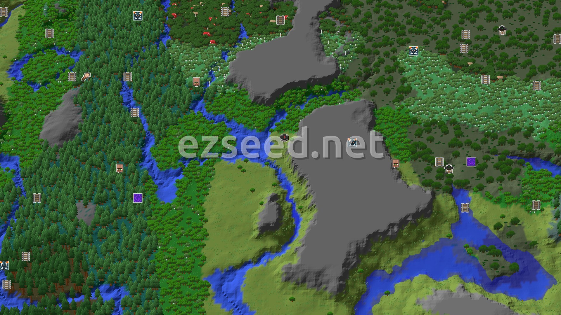 Aerial Minecraft seed map — A Seed of Close Caves and Distant Peaks