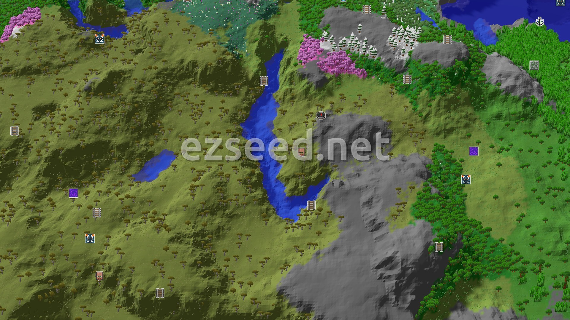 Aerial Minecraft seed map — Savanna Hills, Cherry Grove Peaks, and a Quick Village