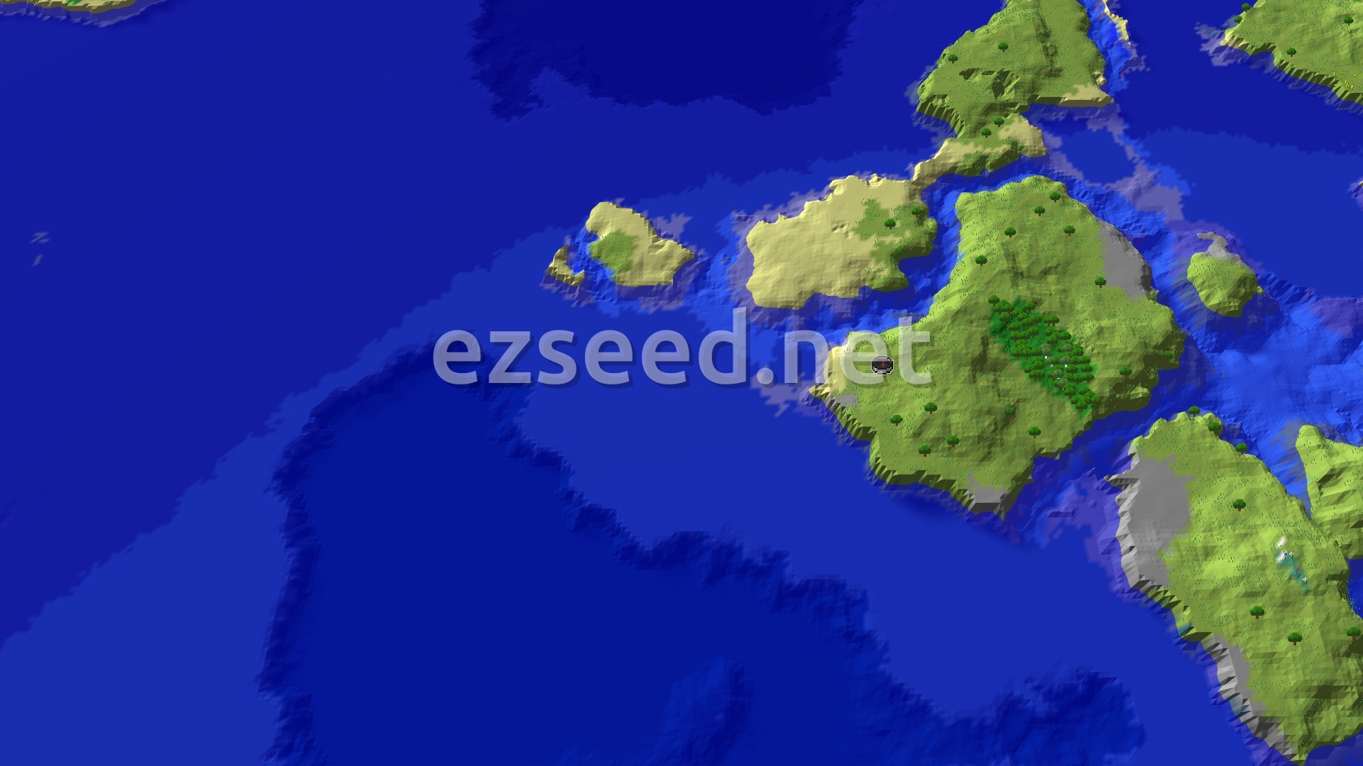A 3D overhead view of a large, green island covered in trees, surrounded by deep blue ocean, with smaller islands scattered nearby. A small spawn marker is visible near the center of the main island.