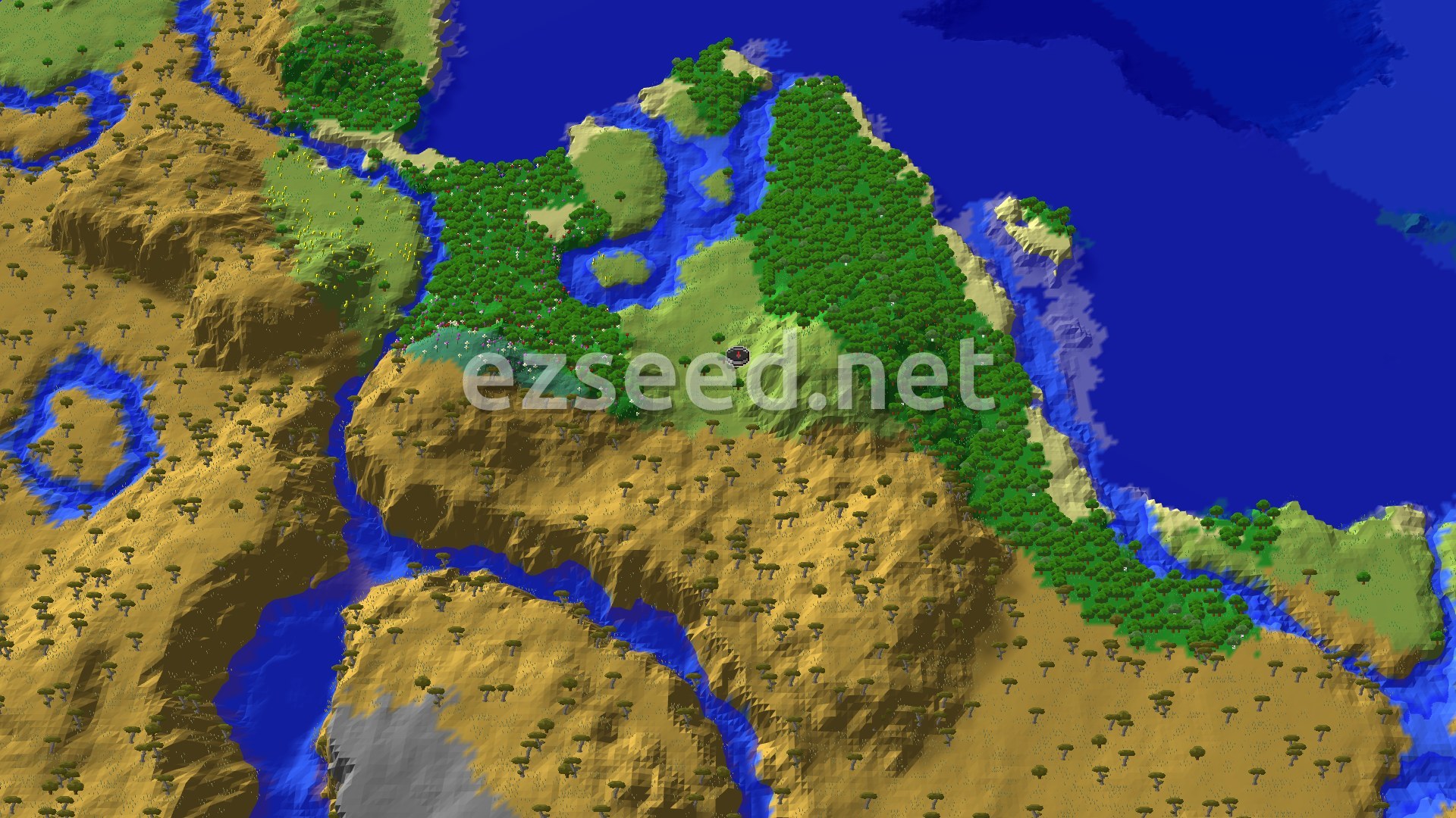 Aerial Minecraft seed map — Spawn Near a Flower Forest and Close Trial Chambers