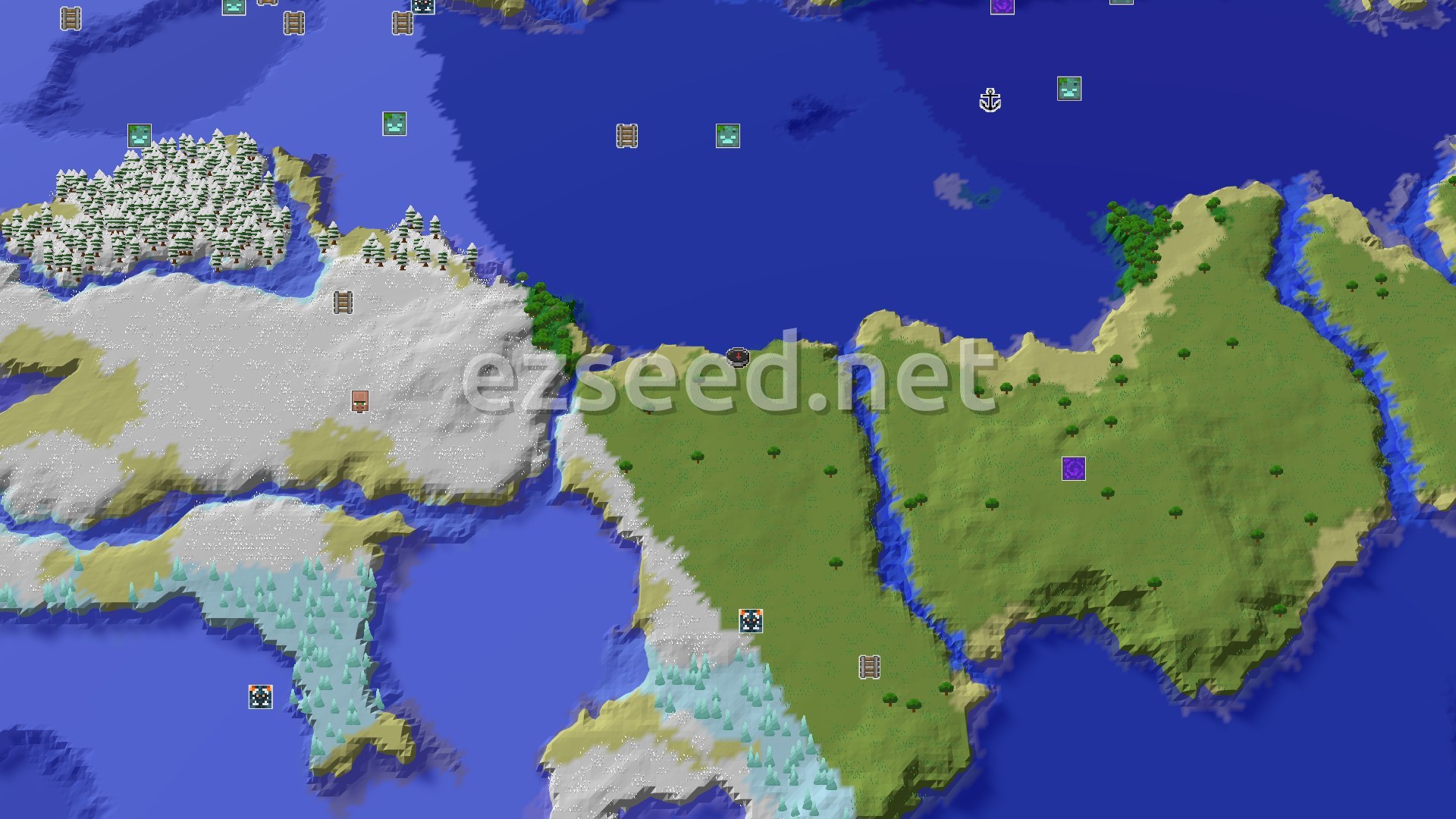 Aerial Minecraft seed map — Ice Spikes and Trial Chambers Near a Plains Spawn