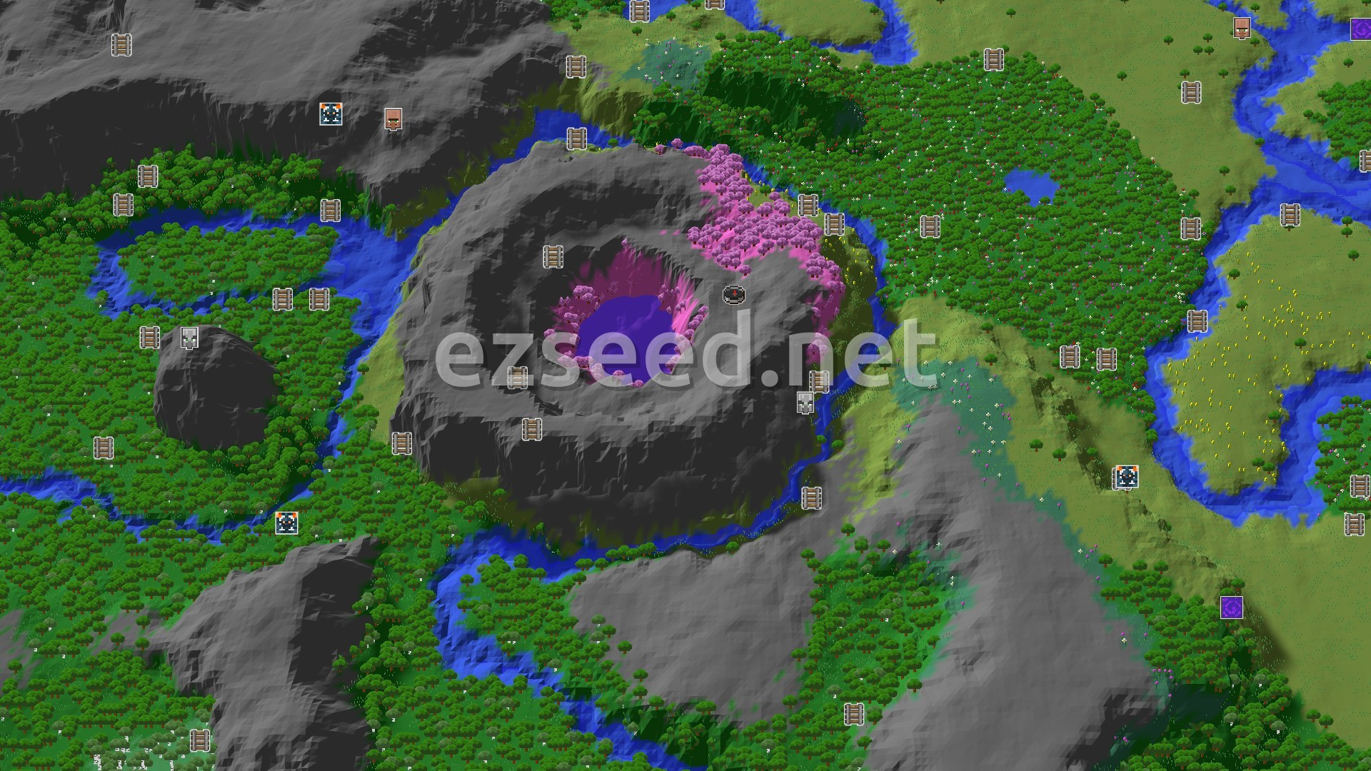 Aerial Minecraft seed map — Cherry Grove Spawn with Nearby Pillager Outpost
