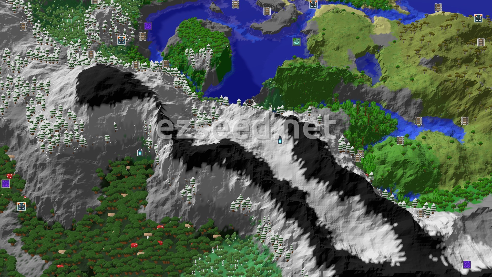 Aerial Minecraft seed map — A Mountainous Start with Nearby Ancient Secrets