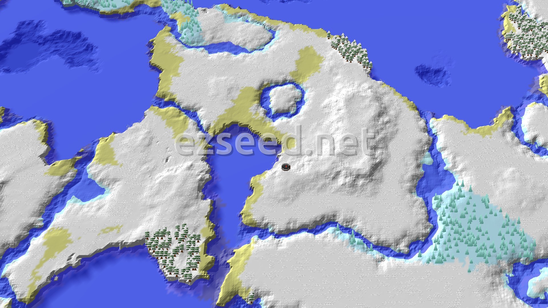 A 3D overhead view shows a large, snow-covered landmass, mostly white, dotted with some green trees, surrounded by deep blue frozen oceans and lighter blue frozen rivers. A small black spawn marker is visible near the center of the main landmass.