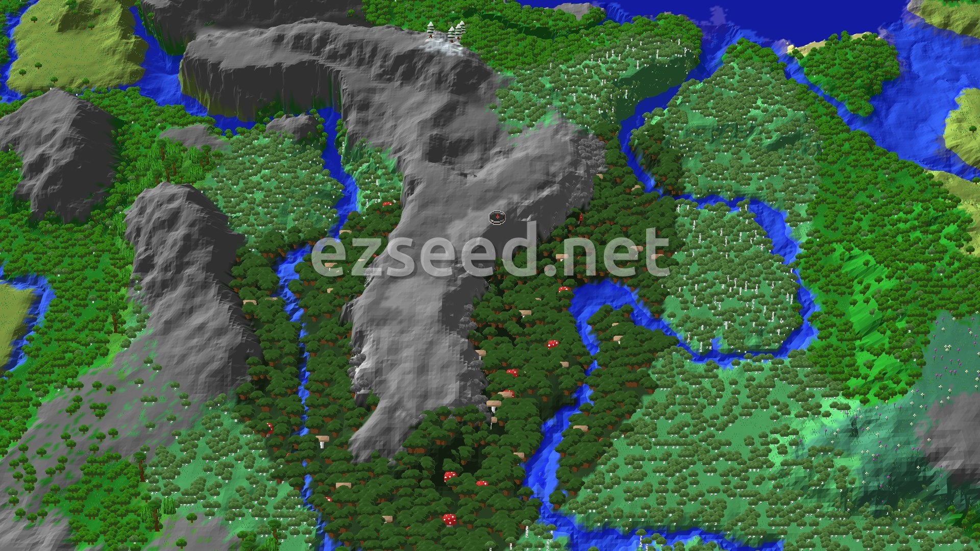 An aerial view of a varied landscape, featuring a large grey mountain range running through the center, surrounded by dense forests of various tree types, including some with red mushroom caps. Blue rivers wind through the green terrain, and a small cluster of snowy peaks is visible on a distant mountain.