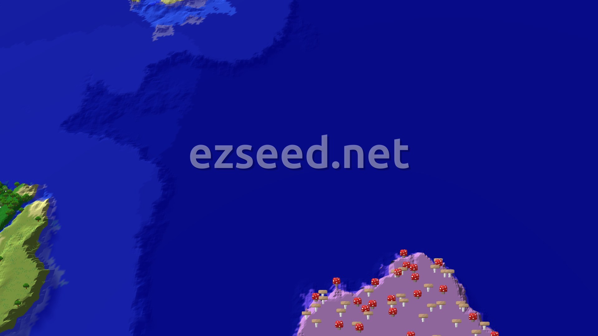 A 3D fly-over of a world with a large body of water, green land with trees, and an island covered in red and brown mushrooms.