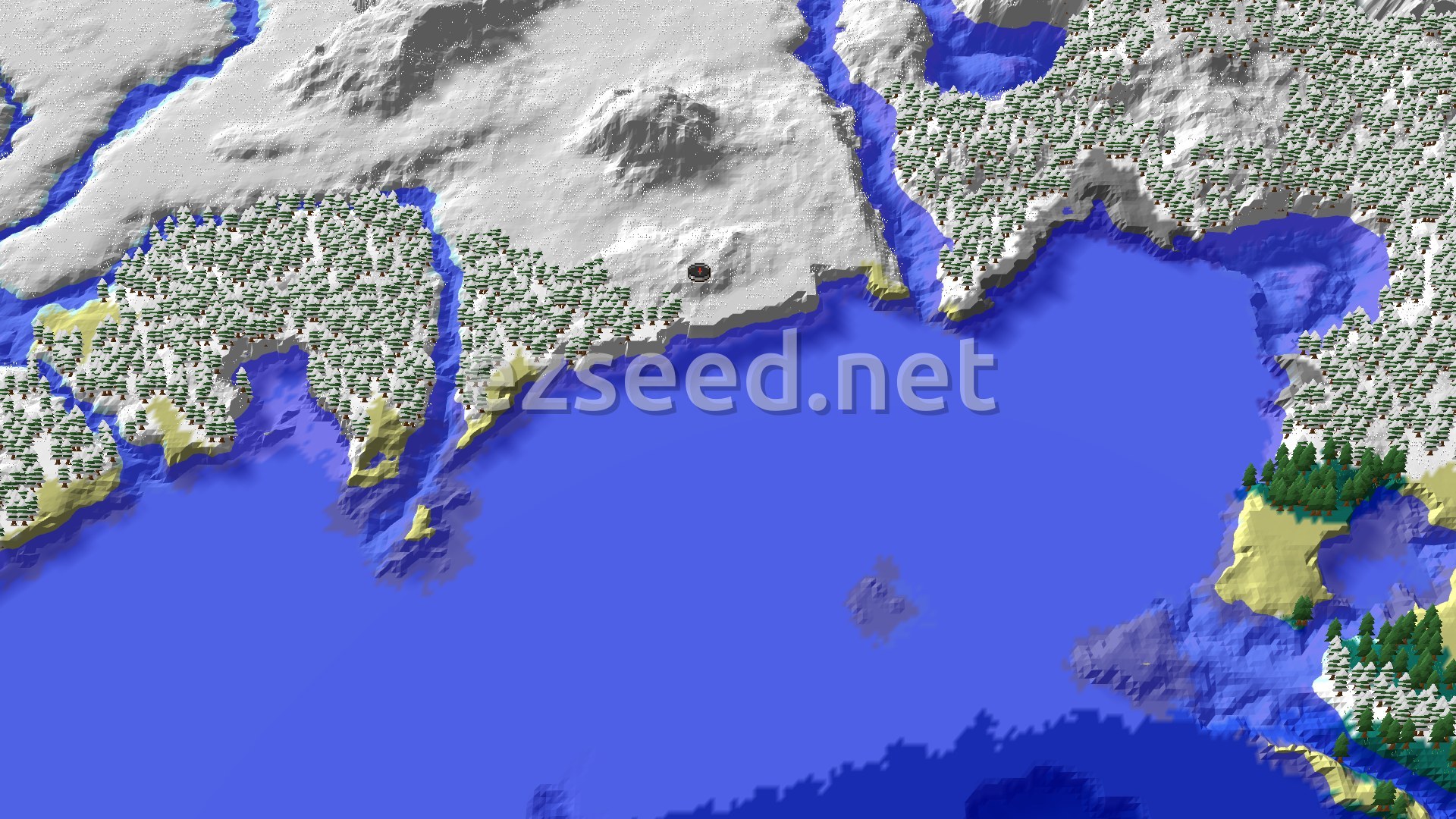 Aerial Minecraft seed map — Cold Shores and Mineshaft Opportunities