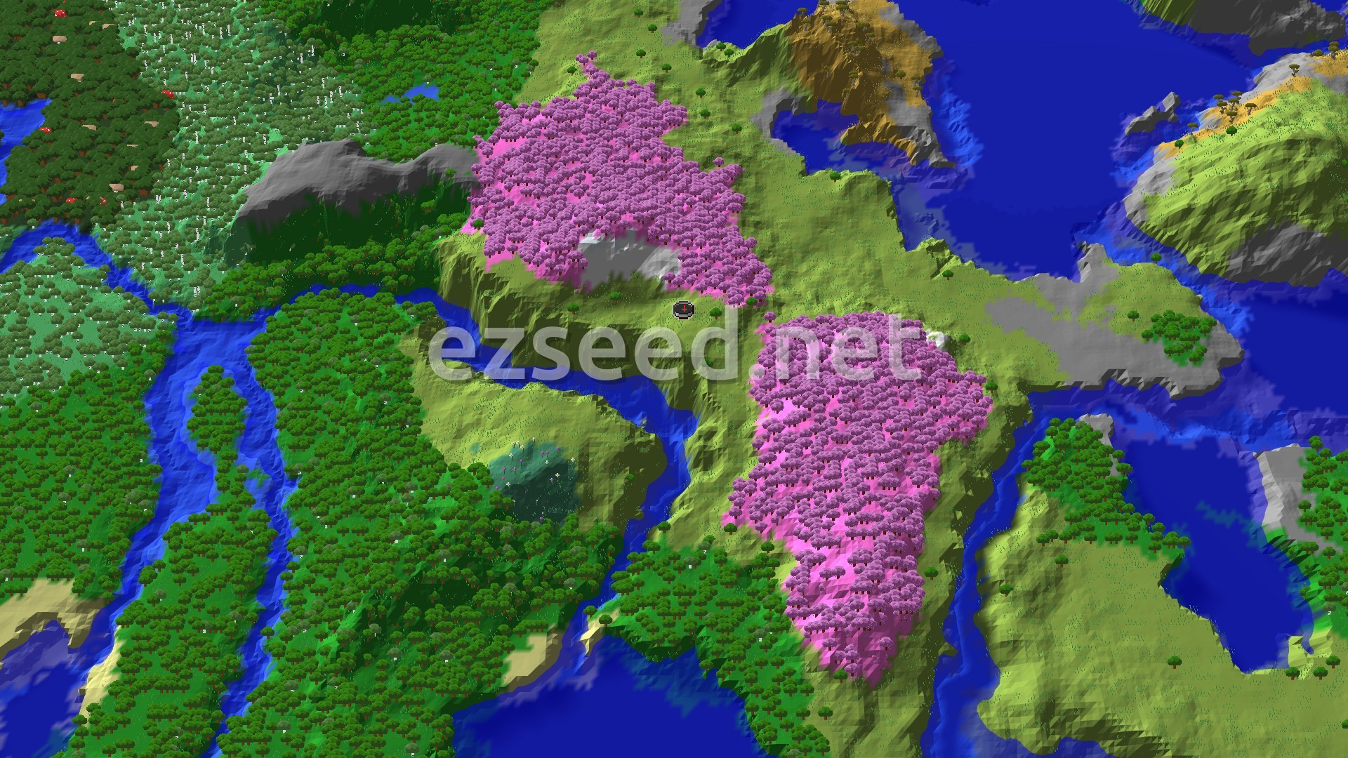Aerial Minecraft seed map — Cherry Grove and Snowy Slopes Near Spawn