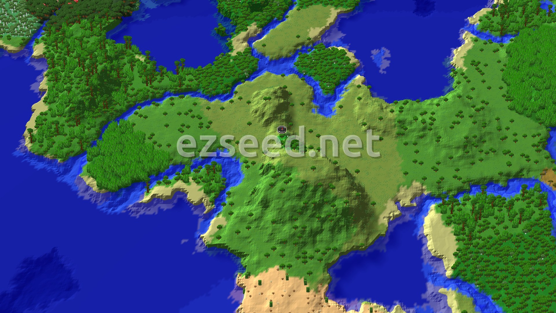 An aerial view of a varied landscape, featuring a mix of green forests, open plains, and blue bodies of water, with a small marker indicating the spawn point in a forested area.