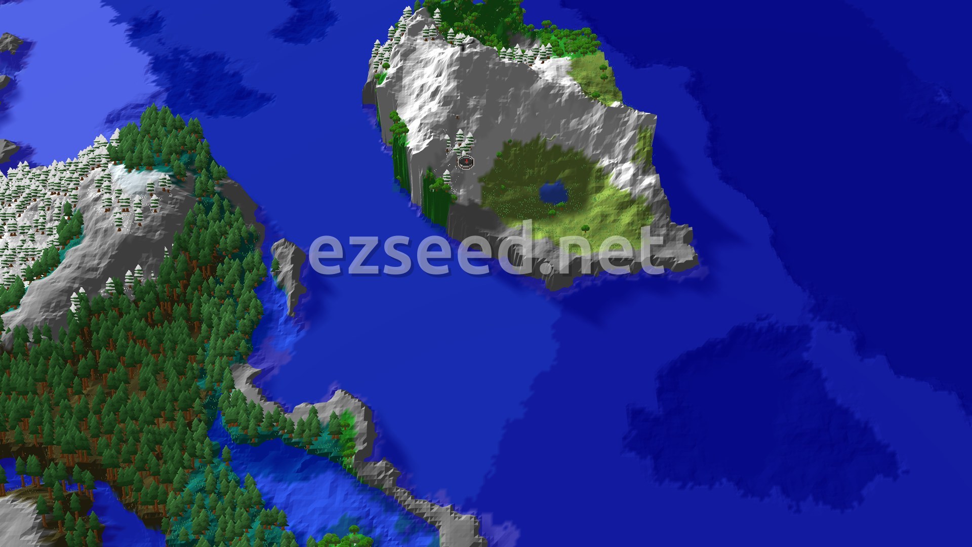 Aerial Minecraft seed map — Spawn in a Grove, Explore Nearby Mountain Peaks