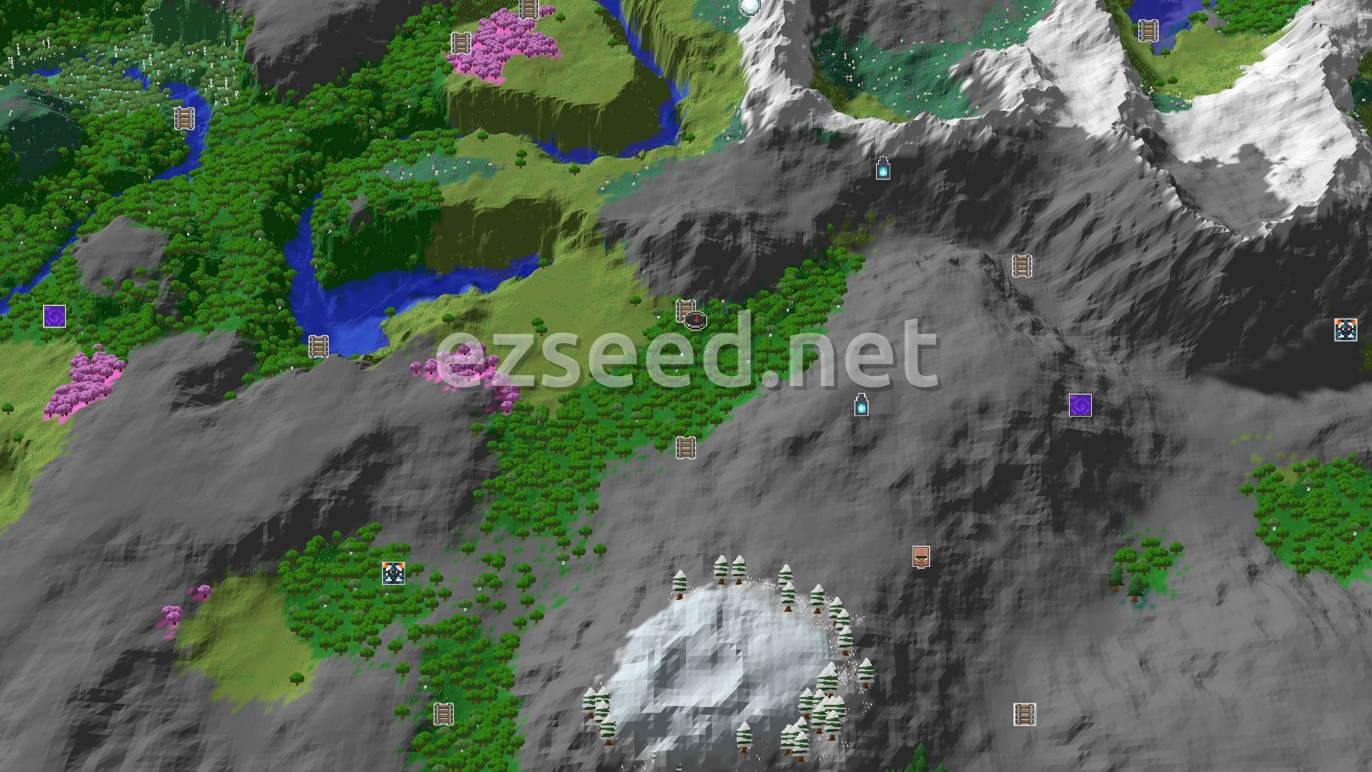 Aerial Minecraft seed map — A Mountainous Start with Nearby Cherry Groves