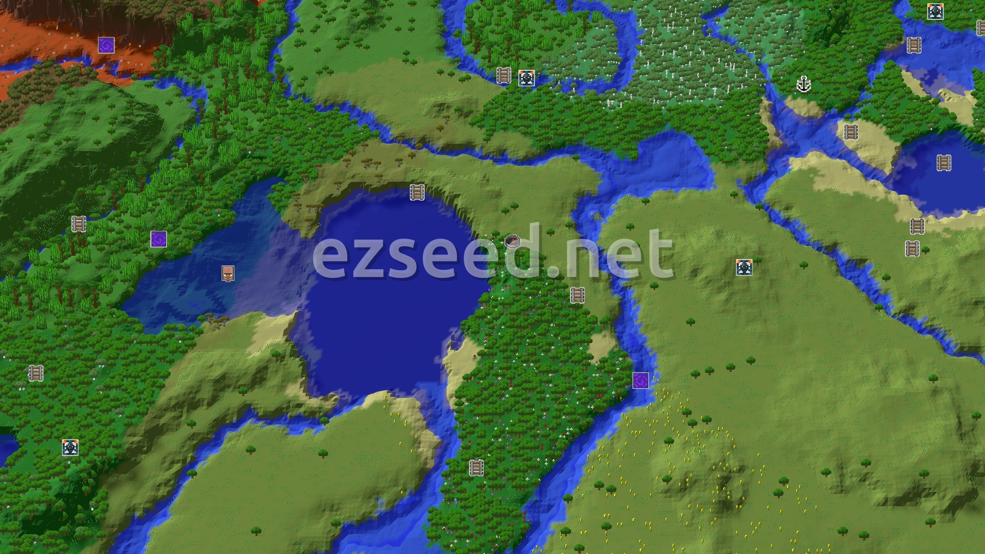 An aerial view of a verdant landscape featuring a large lake, winding rivers, and a mix of green forests, plains, and some reddish badlands in the distance. A small spawn marker sits on a flat, tree-covered area near the lake.