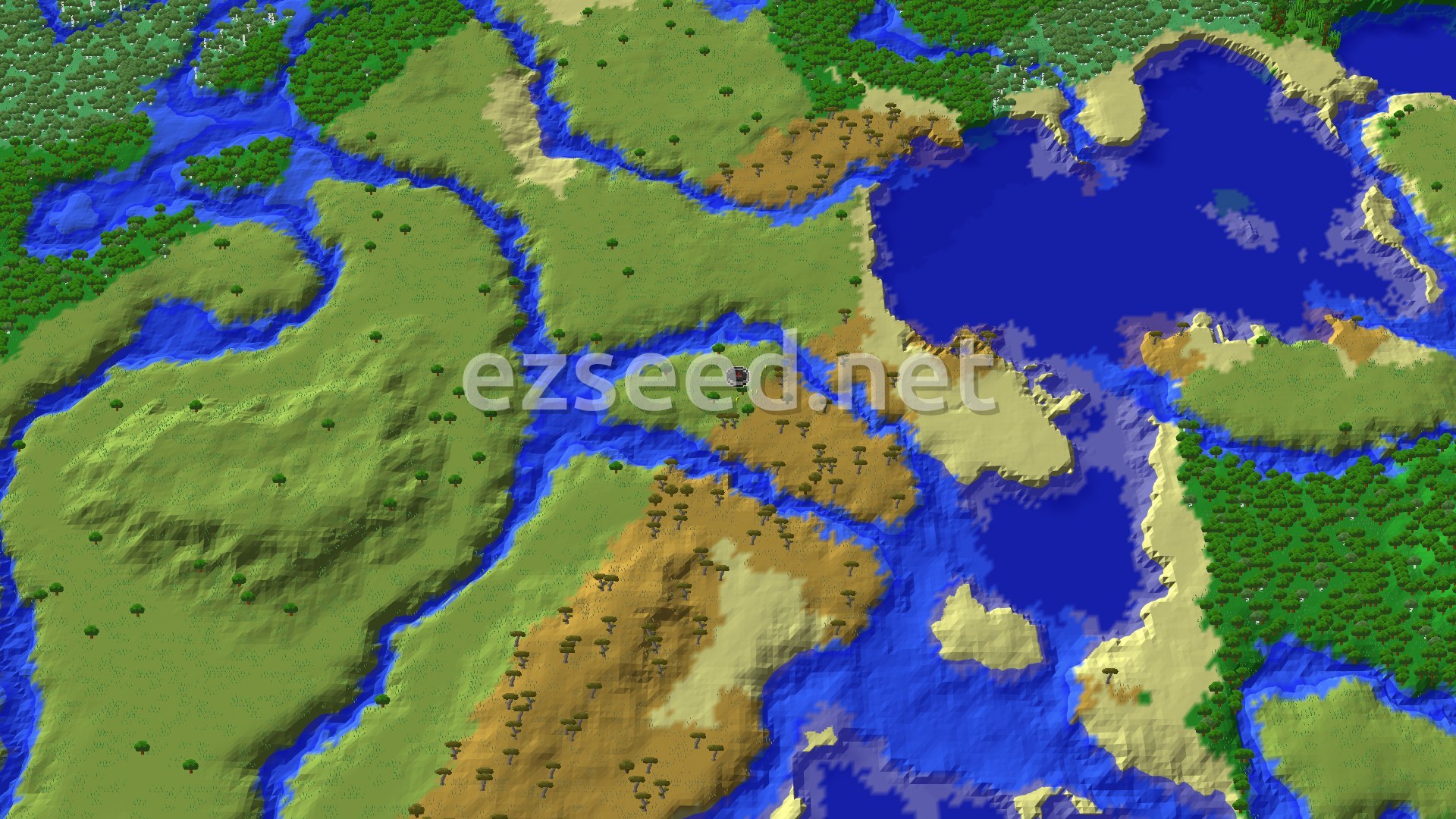Aerial Minecraft seed map — A Lush Start with Distant Jungle and Desert Treasures
