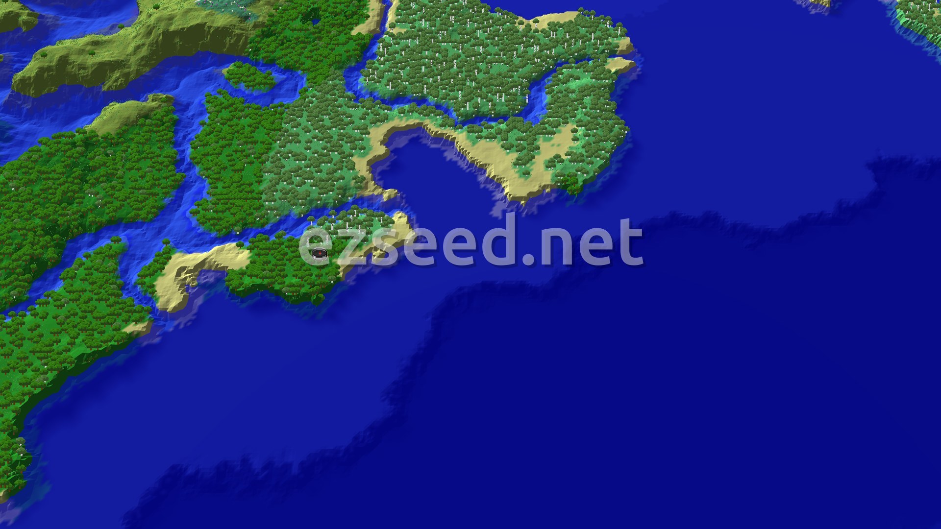 A bird's-eye view of a forest-covered landmass with a winding river and sandy beaches, surrounded by a vast ocean, with a small spawn marker in the center.