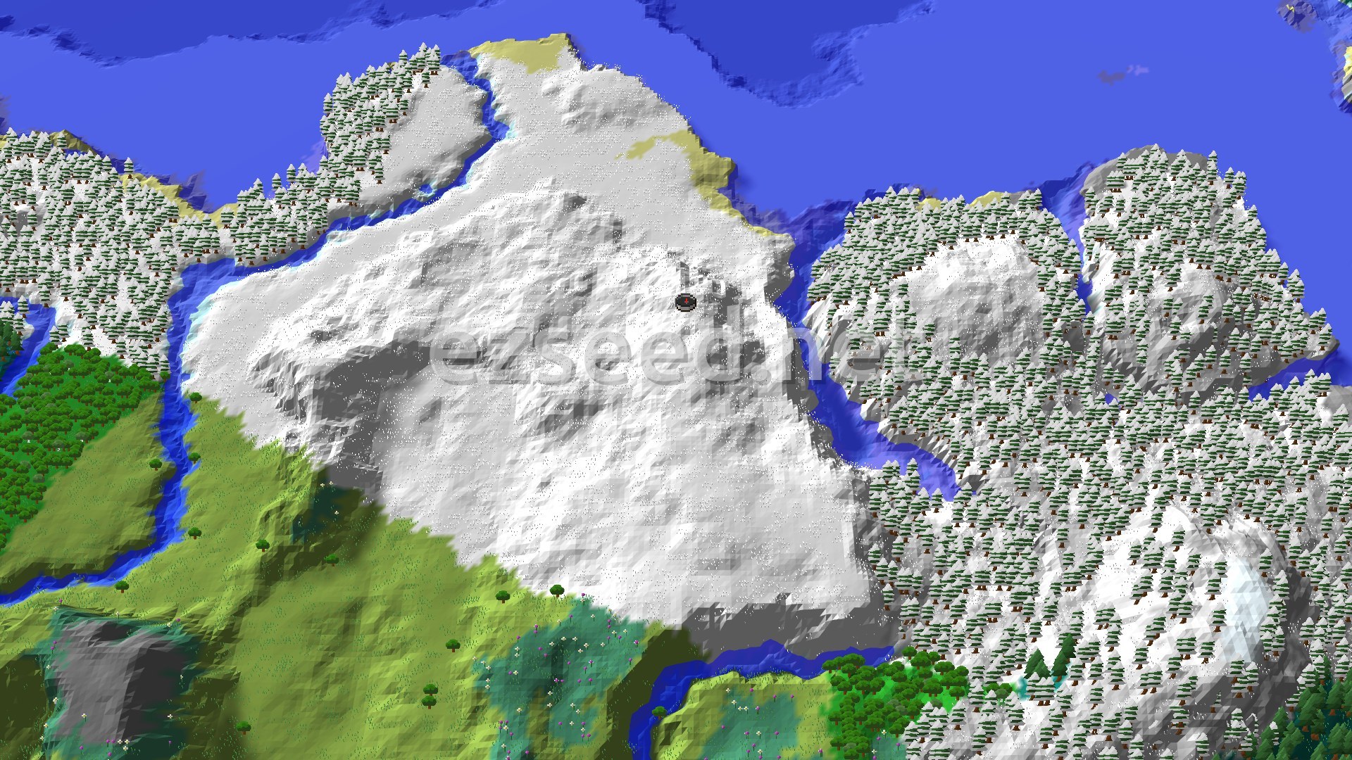 Aerial Minecraft seed map — Frozen Peaks and Icy Waters Near Spawn