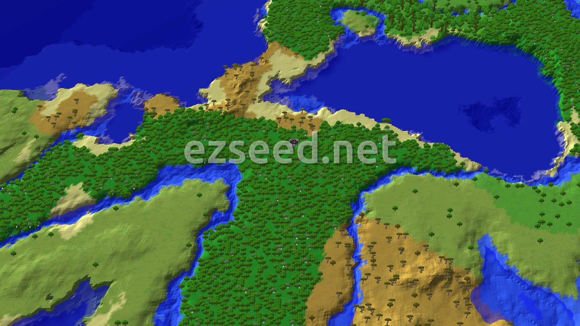 An aerial view of a varied landscape, showing a dense green forest around a spawn marker, bordered by lighter green plains, sandy savannas with scattered trees, and large bodies of blue water.
