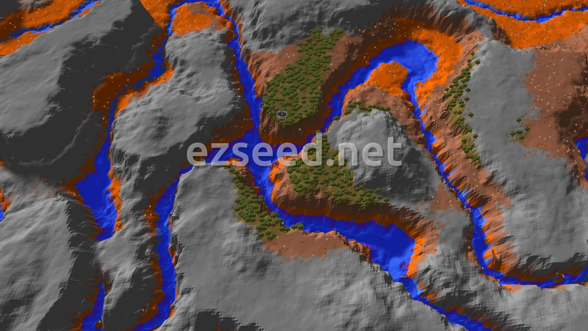 An aerial view of varied terrain with a winding river, dense forests, and mountainous regions, centered on a spawn marker.