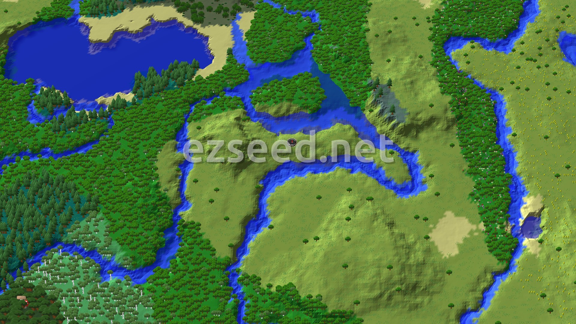 An overhead view of a diverse landscape featuring a mix of plains, dense forests, winding rivers, and a large lake, with some hilly terrain to the south.