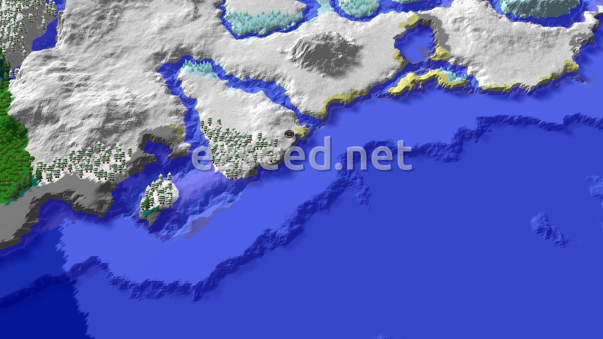 A 3D render of a cold, snowy landscape with large bodies of water. The terrain is mostly flat with some gentle hills and scattered evergreen trees. A small spawn marker is visible in the center.