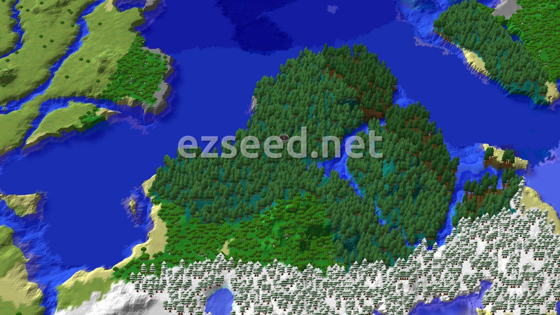 A 3D overhead view of a dense taiga forest surrounding the spawn point, with a snowy taiga biome to the south, and water with scattered islands to the north and west.