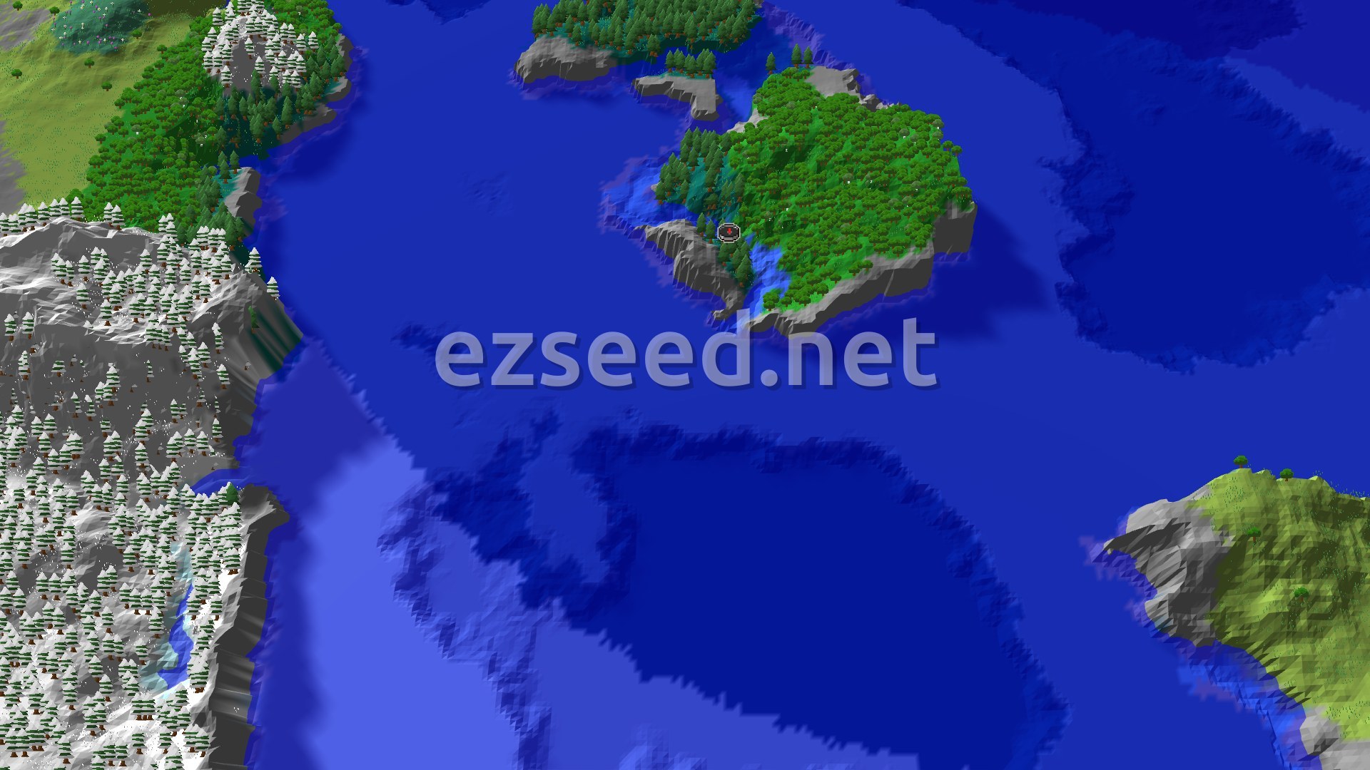 Aerial Minecraft seed map — Trial Chambers and Jagged Peaks Near Spawn