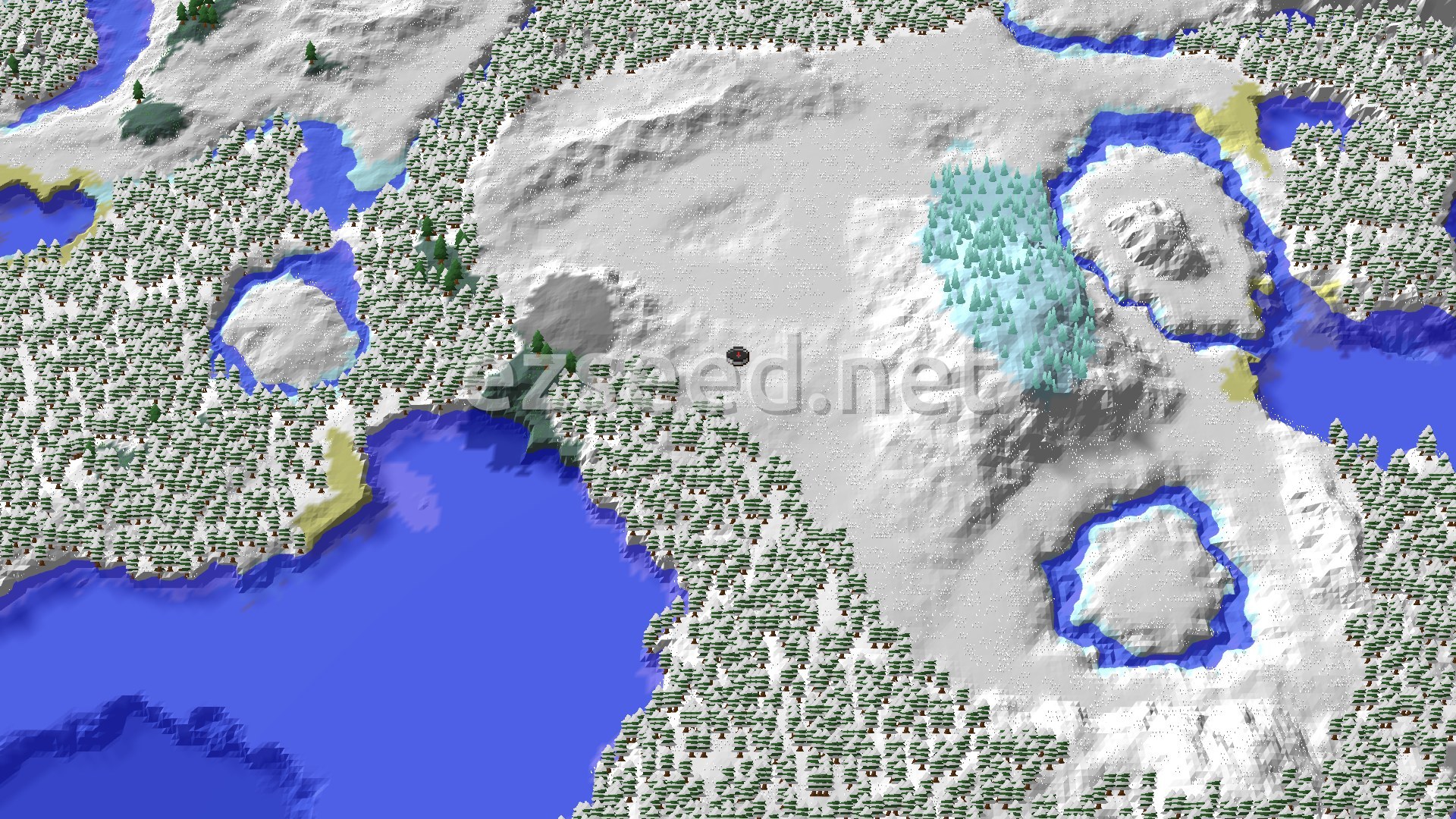 Aerial Minecraft seed map — Ice Spikes Near Spawn in a Snowy World