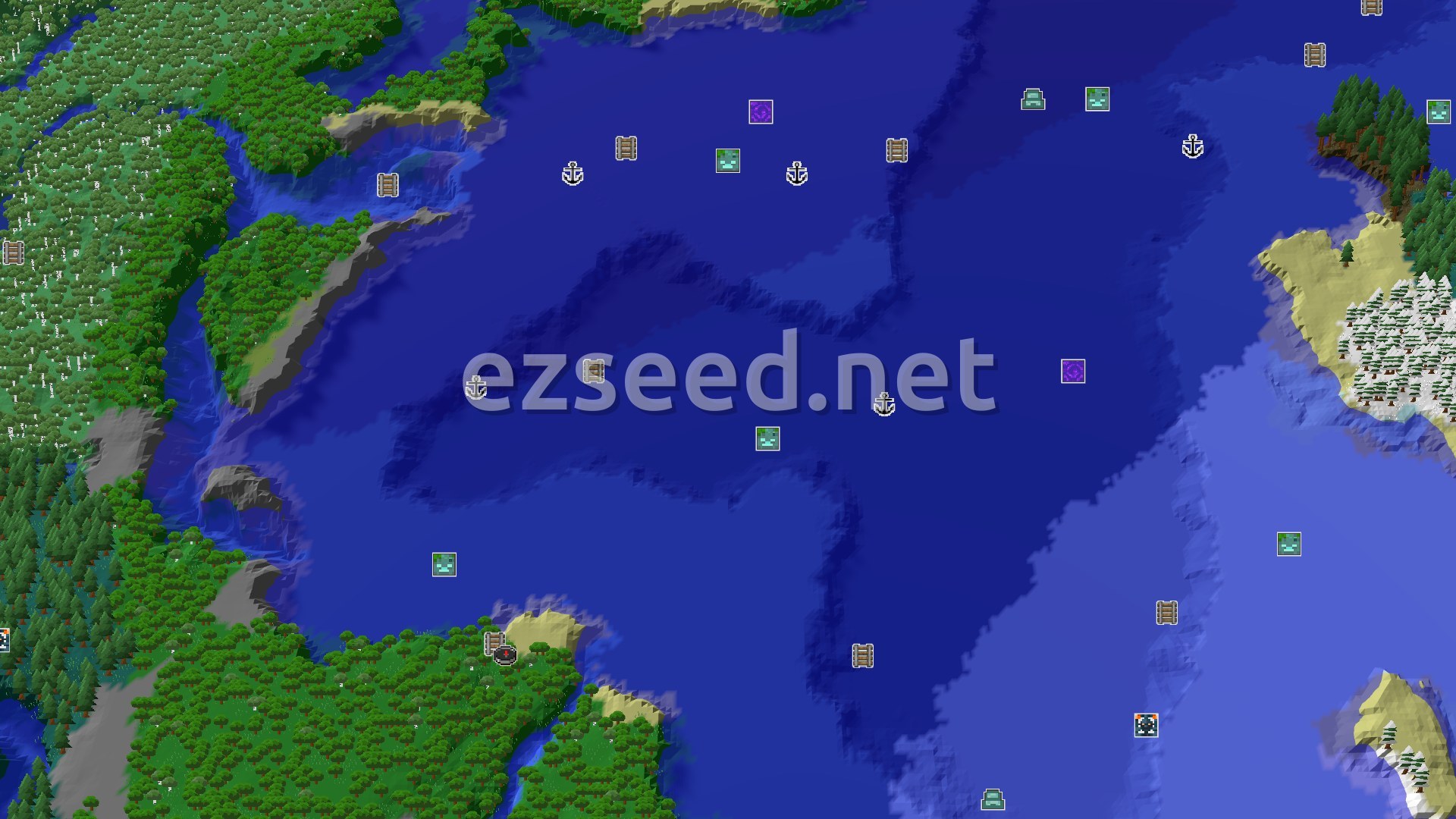 Aerial Minecraft seed map — A Quick Mineshaft Start and Diverse Ocean Biomes
