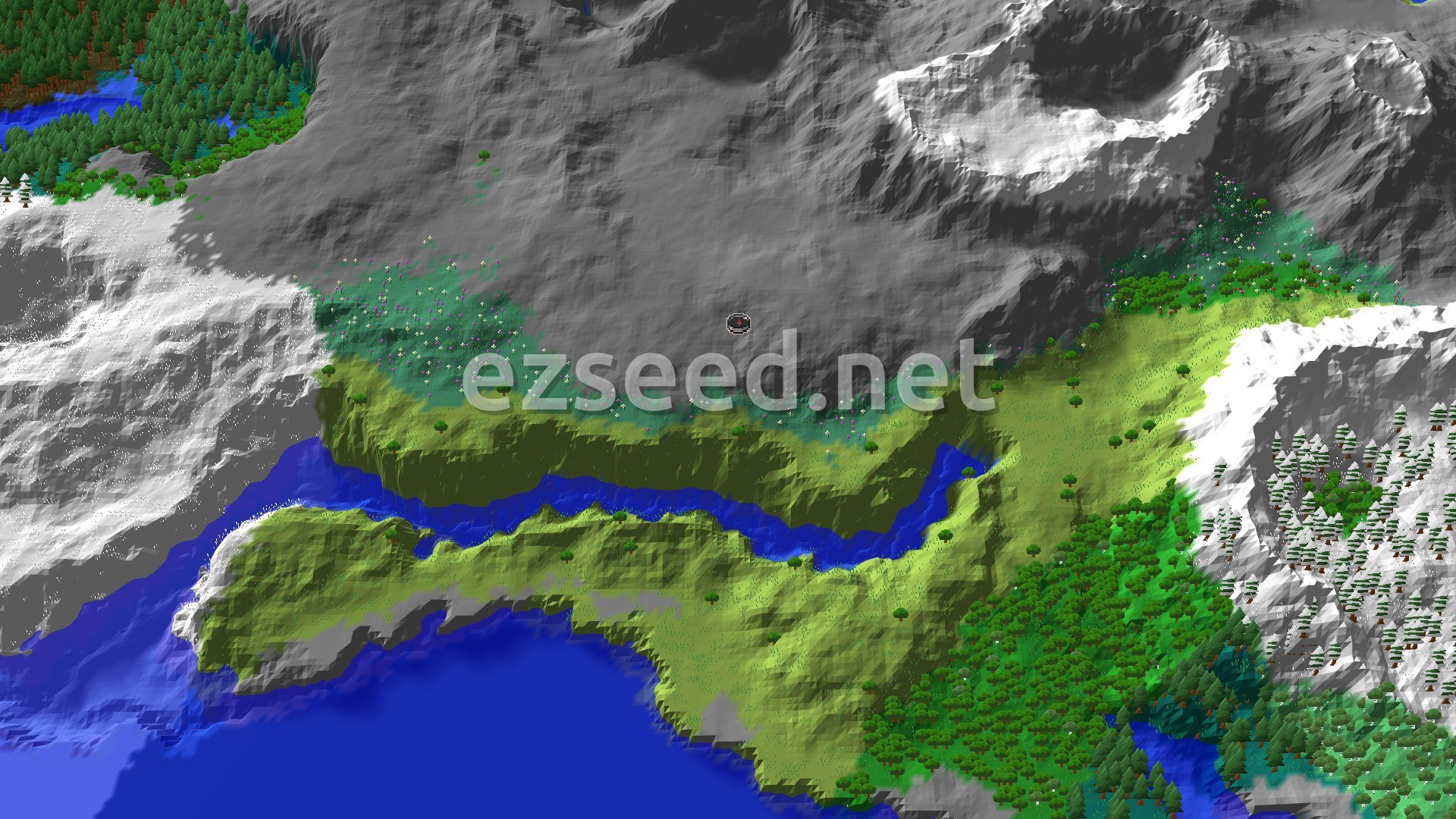Aerial Minecraft seed map — Spawn in Meadows with Jagged Peaks and a Village Nearby
