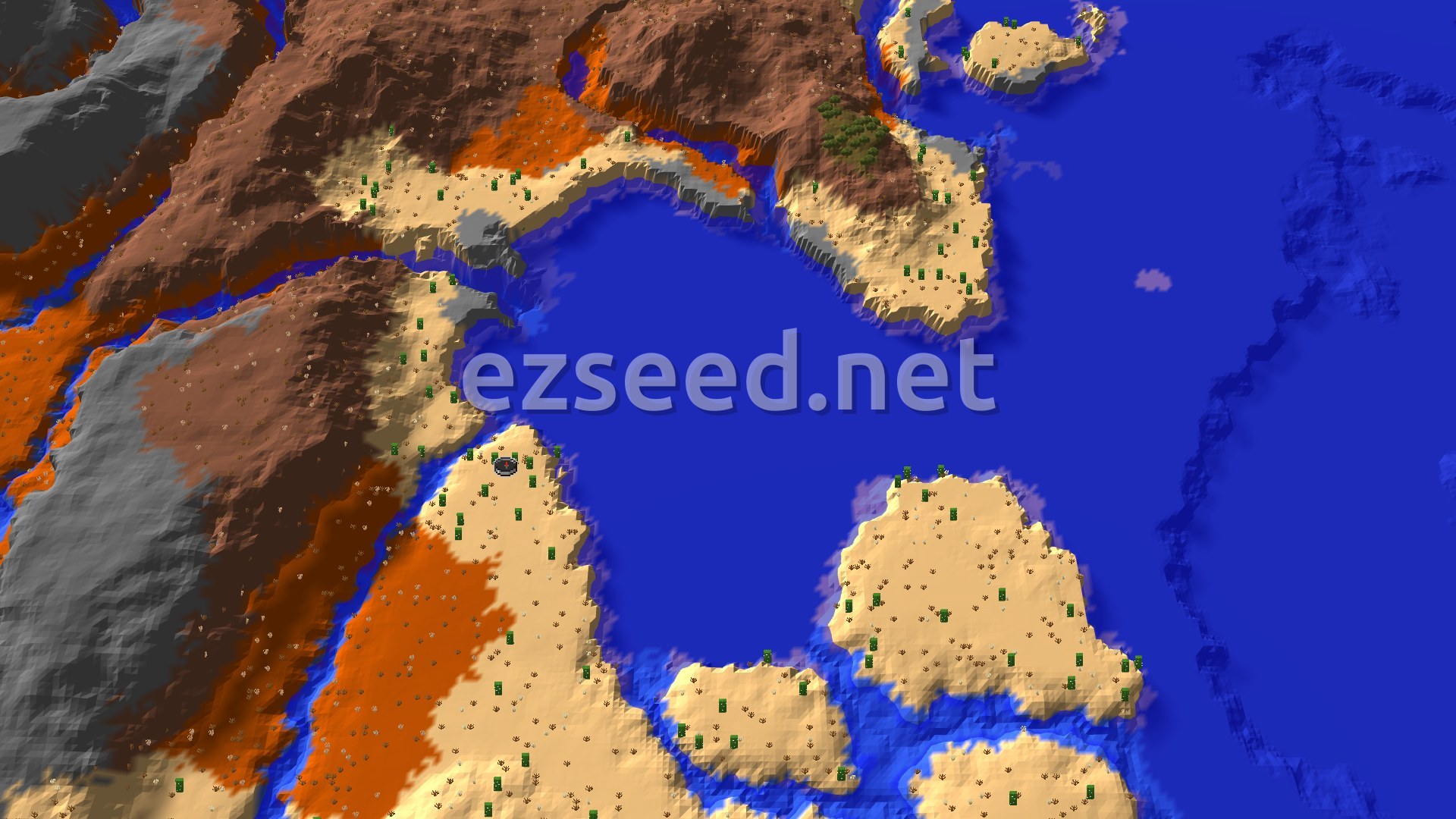 An overhead view of a desert landscape bordering a vast warm ocean, with distant badlands and scattered cacti visible.