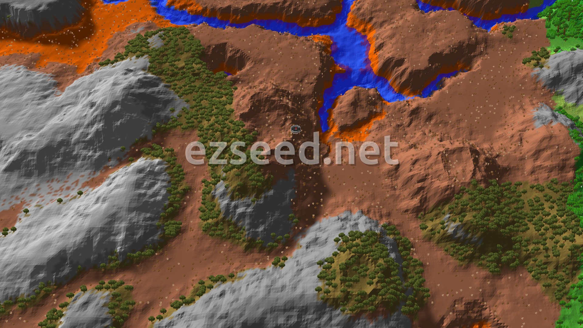 Aerial Minecraft seed map — Badlands Spawn with a Nearby Ancient City