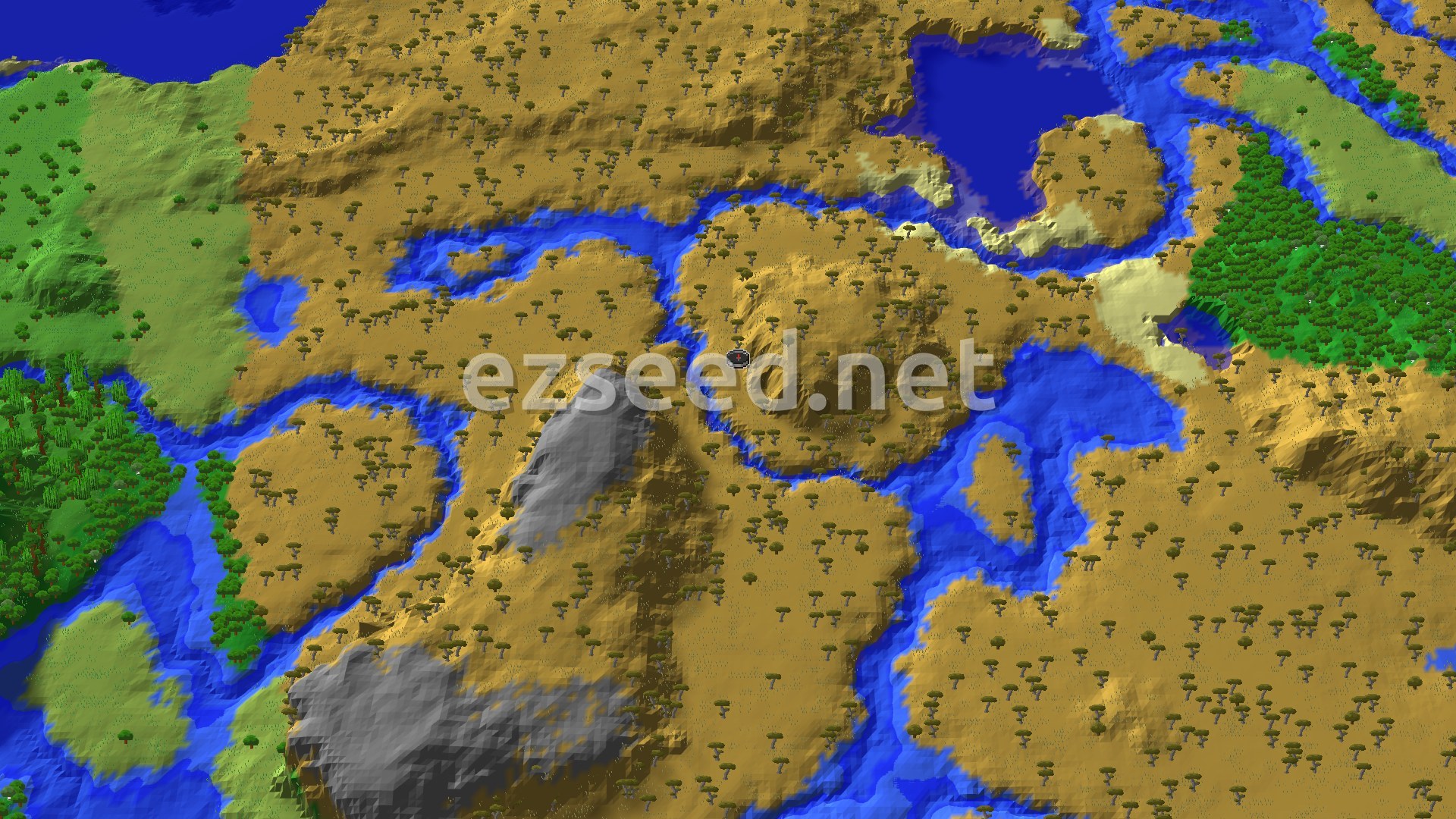 Aerial Minecraft seed map — Savanna Spawn With Nearby Trial Chambers