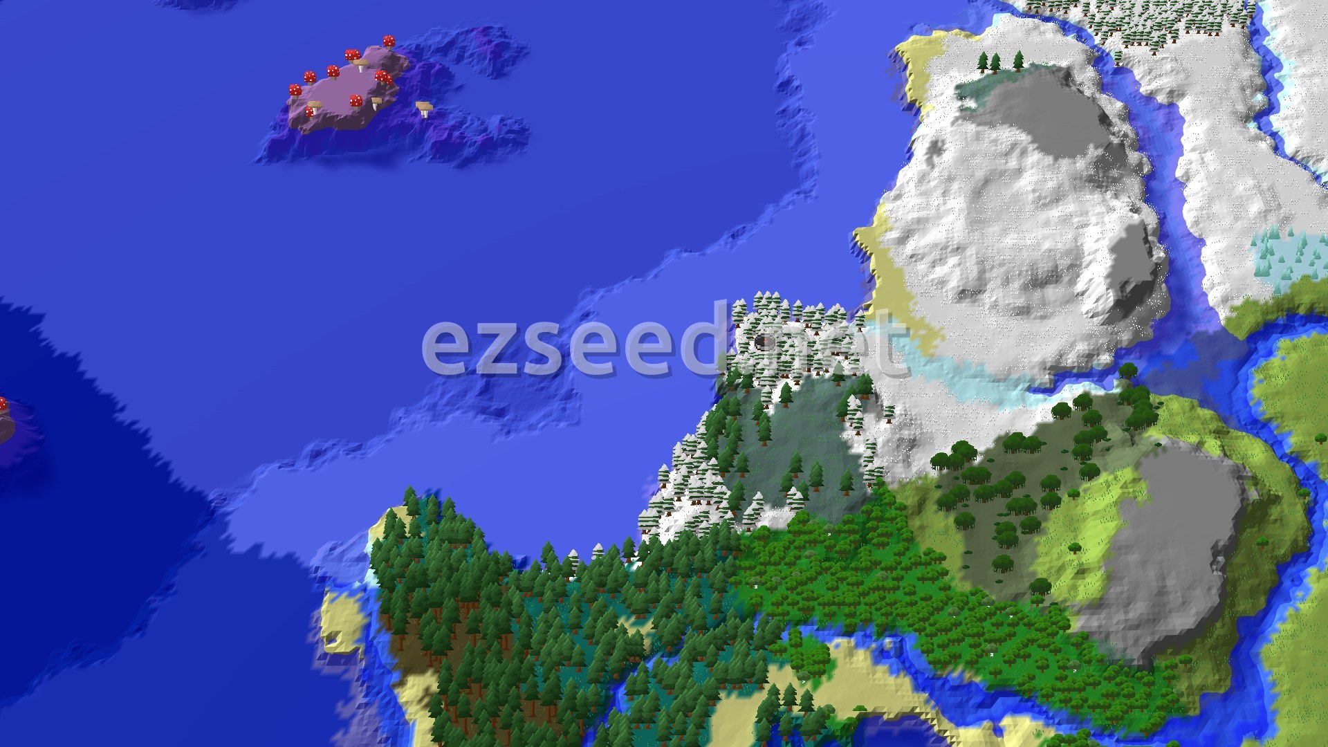Aerial Minecraft seed map — Spawn in a Snowy Taiga with Nearby Mushroom Fields