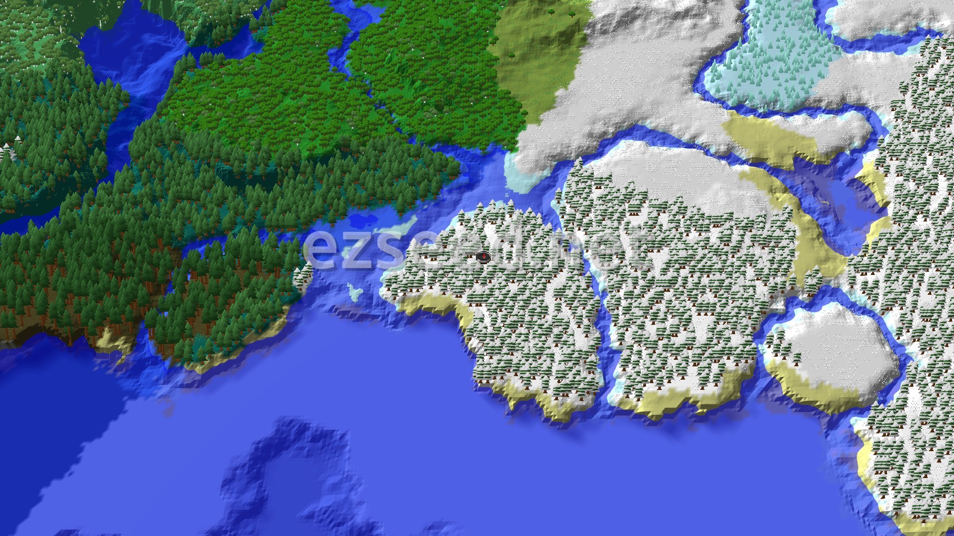 Aerial Minecraft seed map — A Frozen Start with Nearby Mineshafts and Trail Ruins
