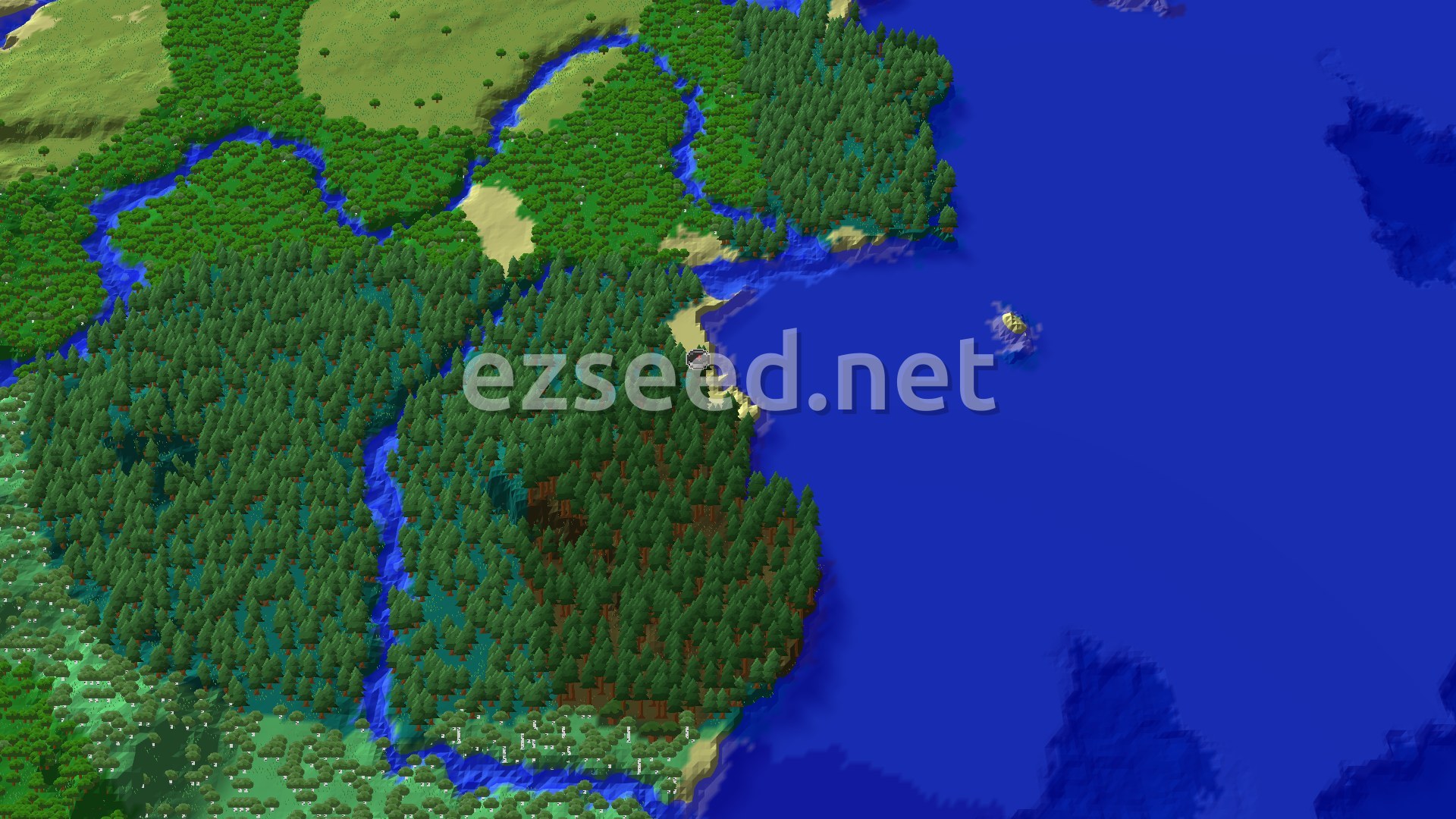 Aerial Minecraft seed map — Taiga and Ocean Start with a Nearby Trail Chambers