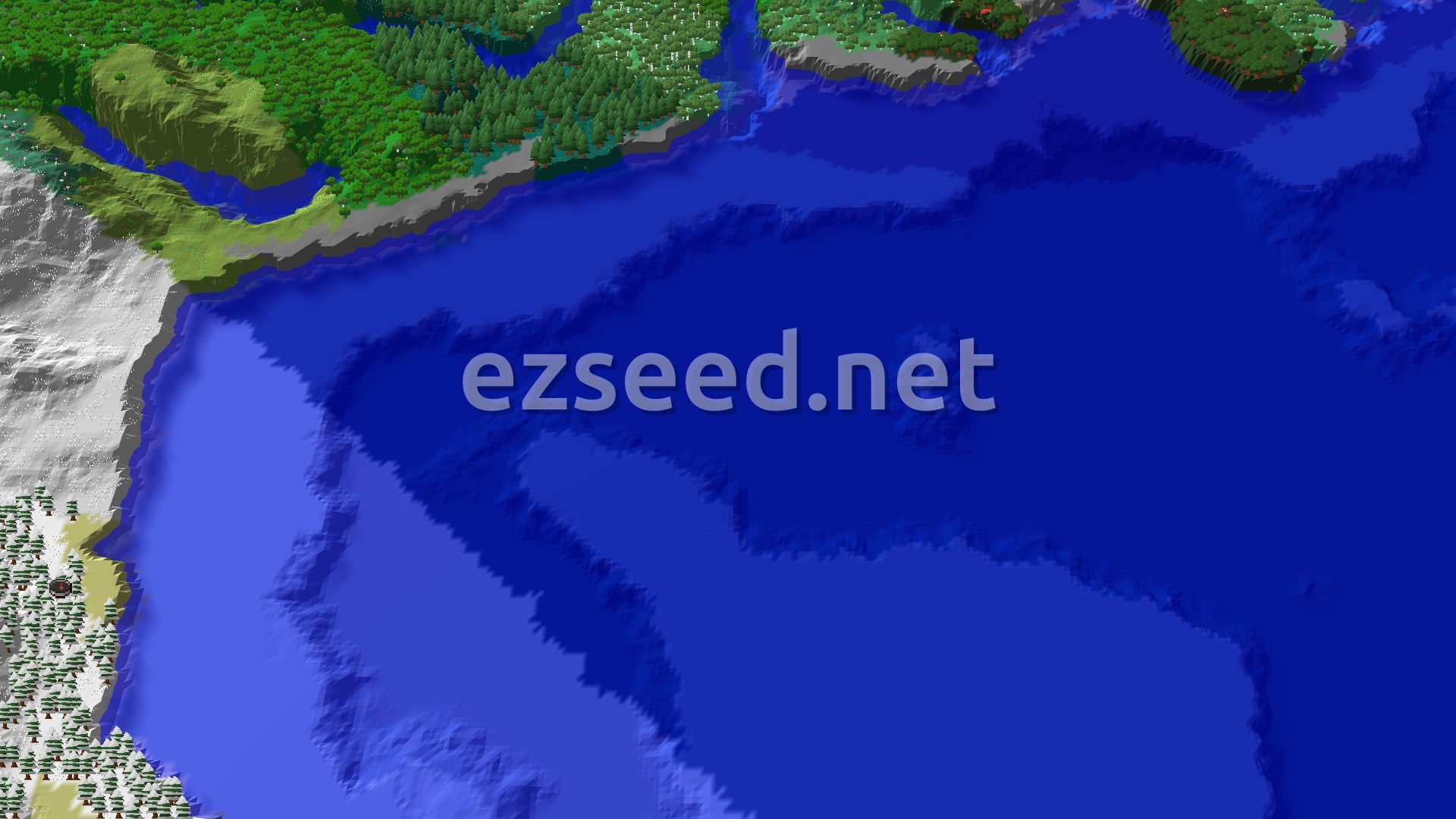 Aerial Minecraft seed map — Spawn in Snow, Find Cold Ocean and a Ruined Portal