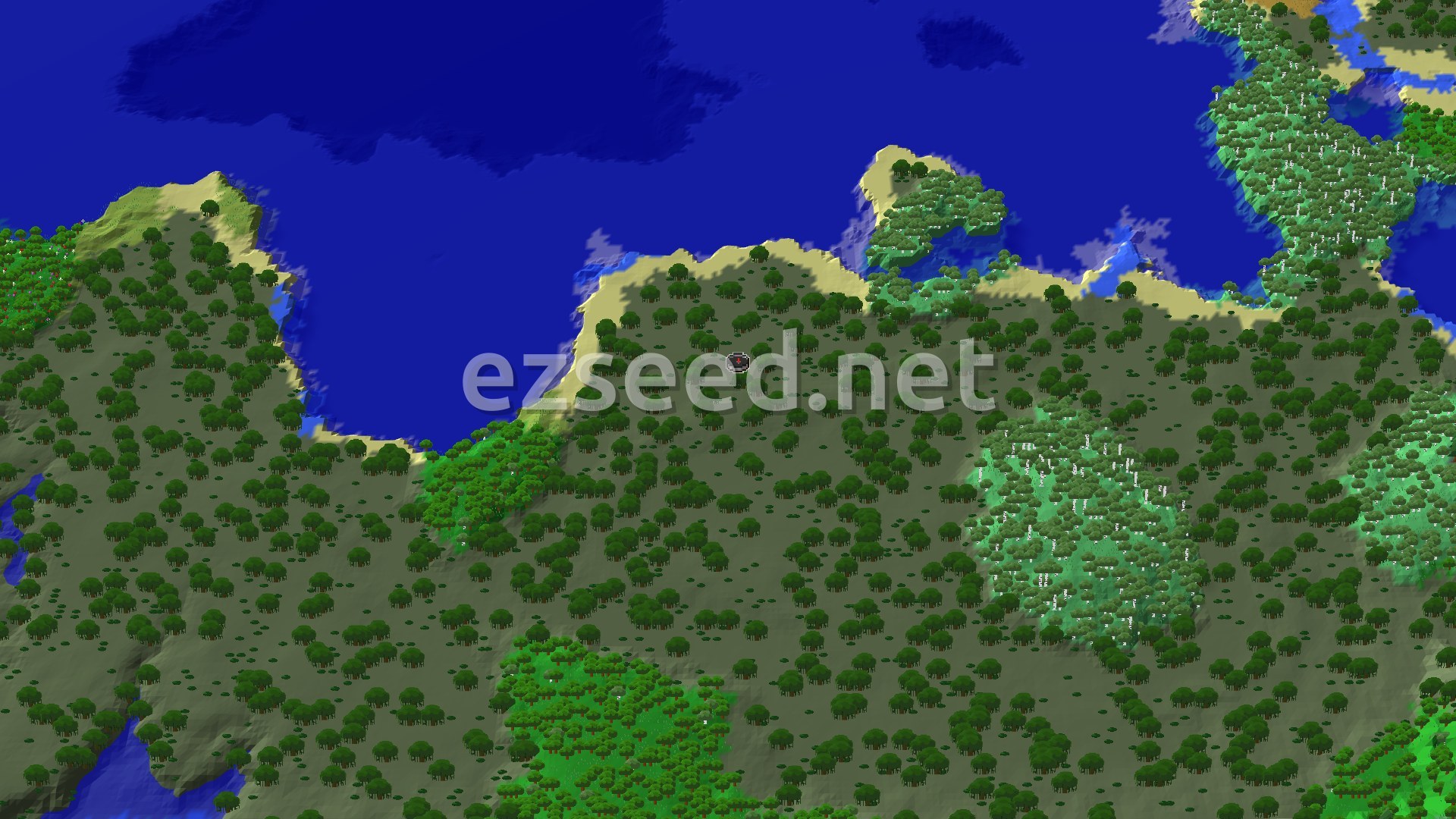 Aerial Minecraft seed map — A Swamp Spawn with Nearby Trial Chambers and Trail Ruins