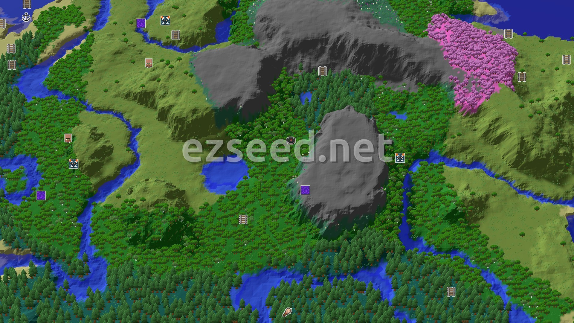 Aerial Minecraft seed map — Forested Hills and a Close Cherry Grove